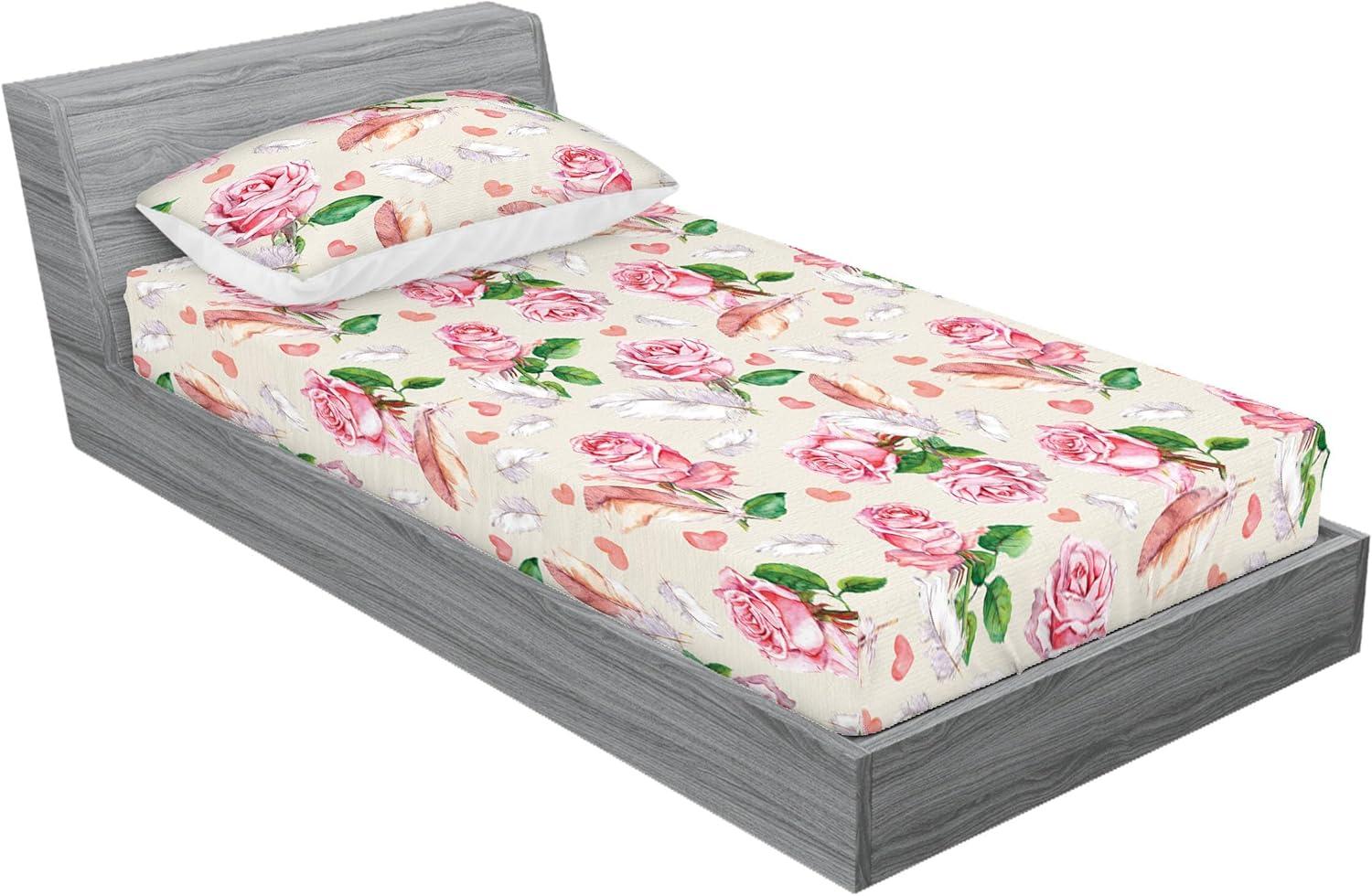 imageAmbesonne Floral Fitted Sheet amp Pillow Sham Set Romantic Concept Art Featuring Rose Flowers Hearts Leaves Valentine Decorative Printed 3 Piece Bedding Decor Set Queen Pastel Pink and Fern GreenPastel Pink and Fern Green