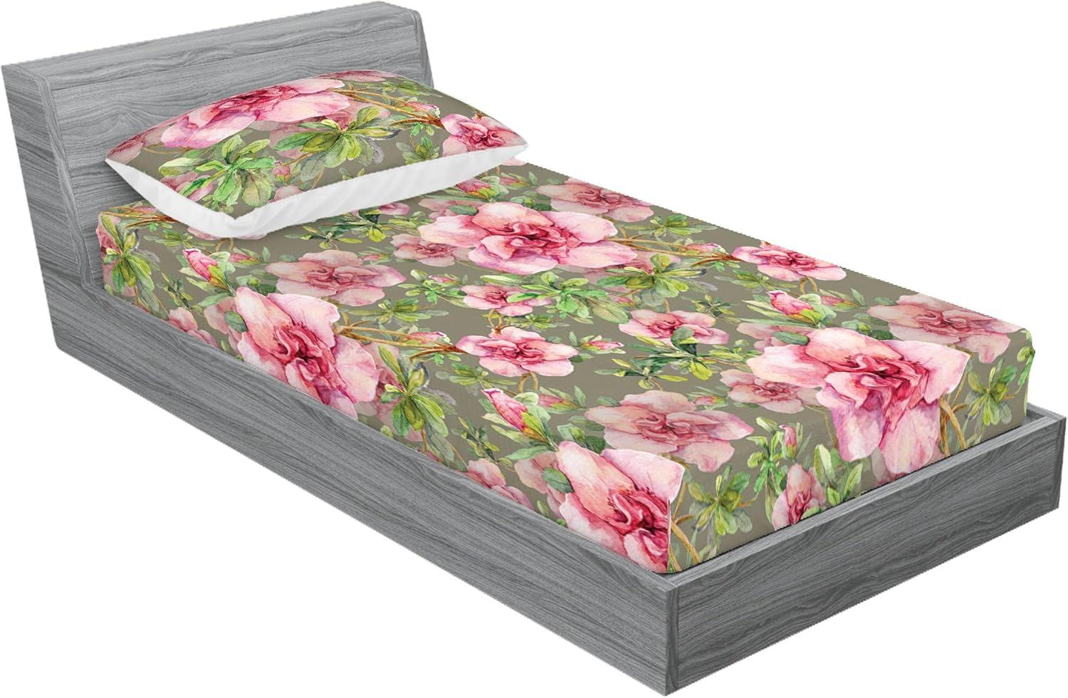 imageAmbesonne Floral Fitted Sheet amp Pillow Sham Set Romantic Concept Art Featuring Rose Flowers Hearts Leaves Valentine Decorative Printed 3 Piece Bedding Decor Set Queen Pastel Pink and Fern GreenDark Pink and Olive Green