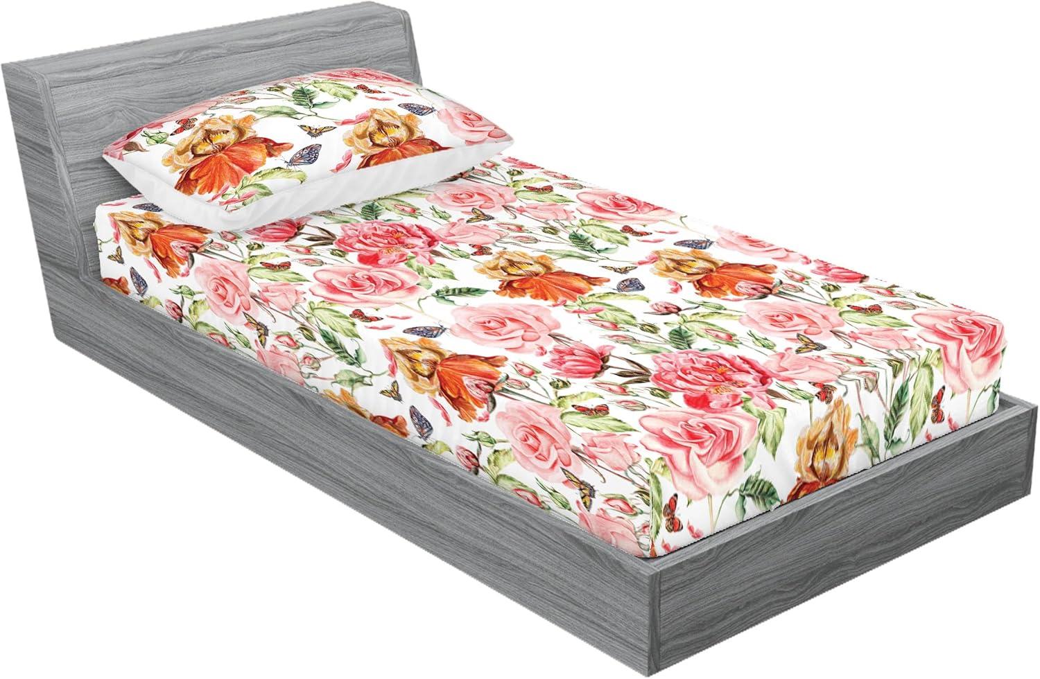 imageAmbesonne Floral Fitted Sheet amp Pillow Sham Set Romantic Concept Art Featuring Rose Flowers Hearts Leaves Valentine Decorative Printed 3 Piece Bedding Decor Set Queen Pastel Pink and Fern GreenDark Peach and Soft Pink