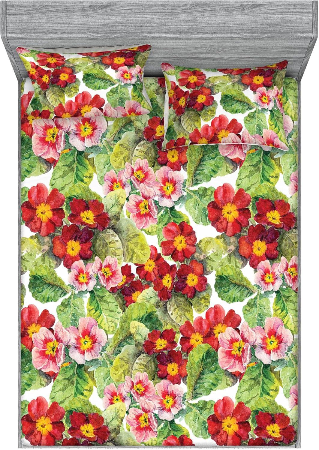 imageAmbesonne Floral Fitted Sheet amp Pillow Sham Set Romantic Concept Art Featuring Rose Flowers Hearts Leaves Valentine Decorative Printed 3 Piece Bedding Decor Set Queen Pastel Pink and Fern GreenDark Salmon and Apple Green