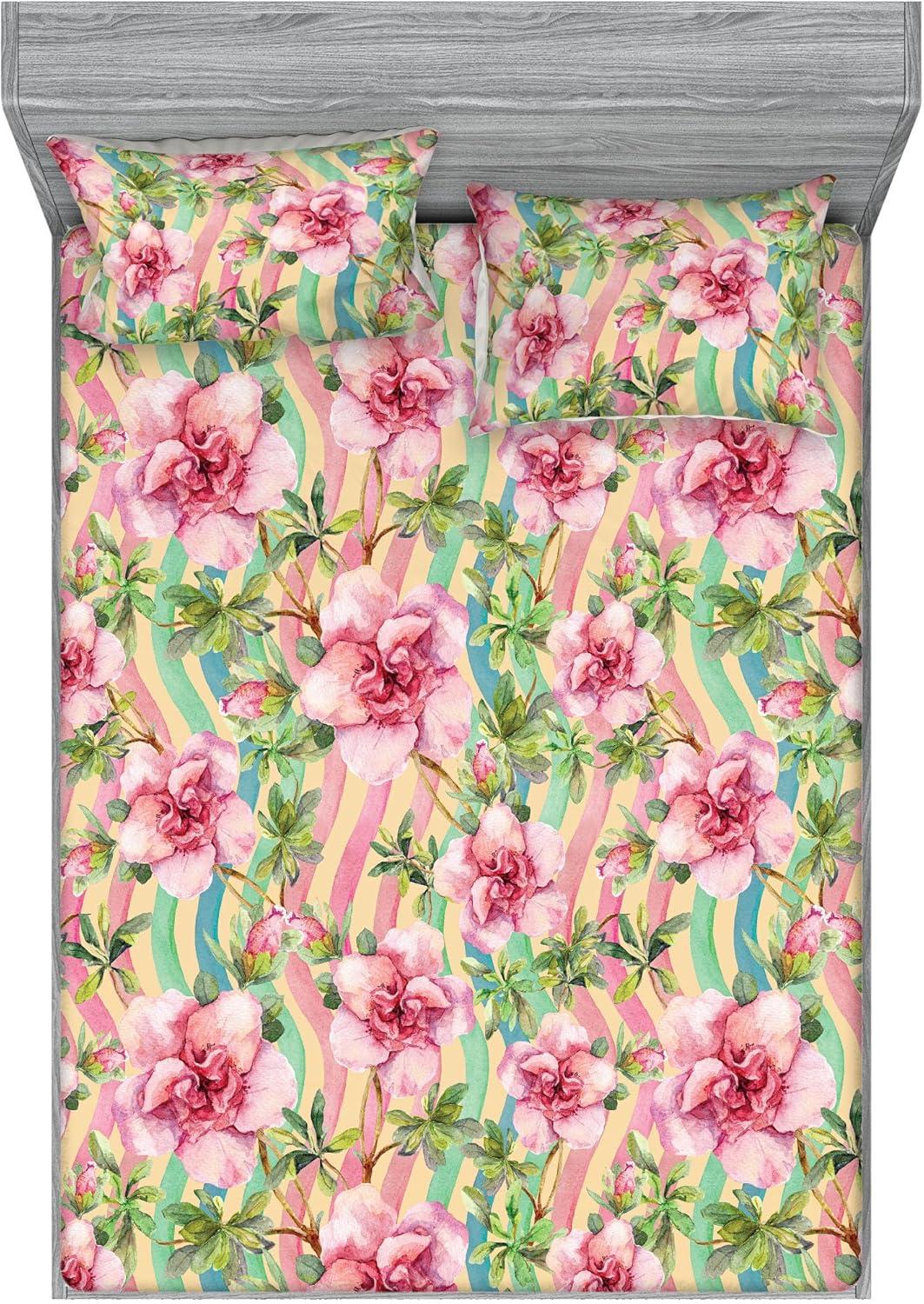 imageAmbesonne Floral Fitted Sheet amp Pillow Sham Set Romantic Concept Art Featuring Rose Flowers Hearts Leaves Valentine Decorative Printed 3 Piece Bedding Decor Set Queen Pastel Pink and Fern GreenPastel Pink and Olive Green