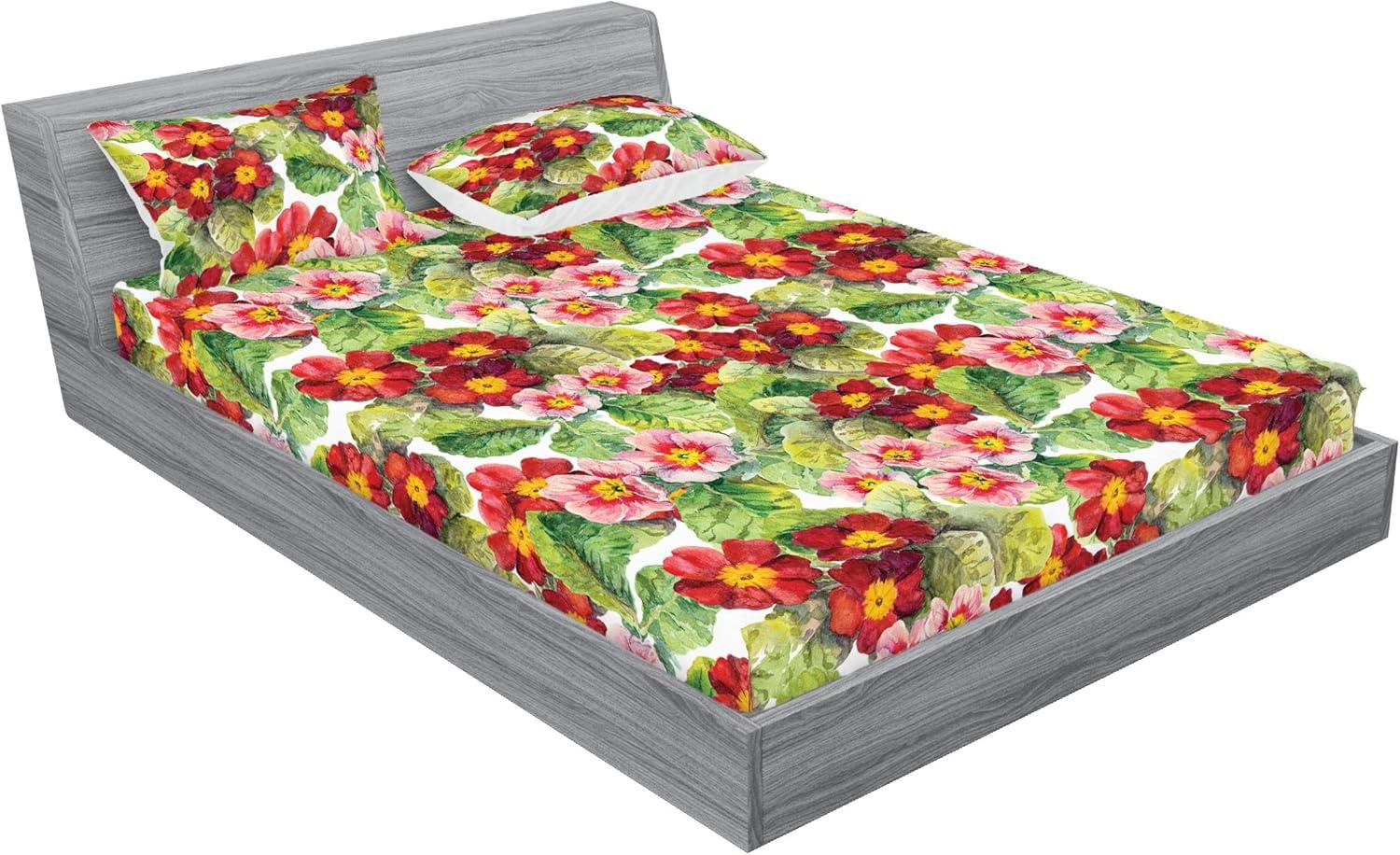 imageAmbesonne Floral Fitted Sheet amp Pillow Sham Set Romantic Concept Art Featuring Rose Flowers Hearts Leaves Valentine Decorative Printed 3 Piece Bedding Decor Set Queen Pastel Pink and Fern GreenDark Salmon and Apple Green
