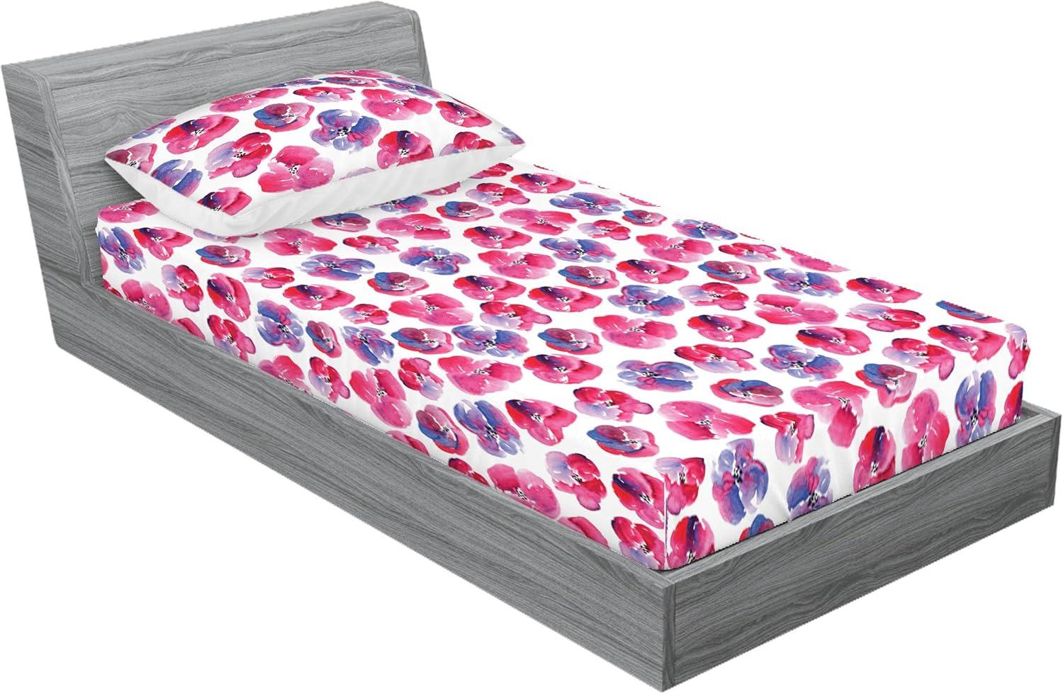 imageAmbesonne Floral Fitted Sheet amp Pillow Sham Set Romantic Concept Art Featuring Rose Flowers Hearts Leaves Valentine Decorative Printed 3 Piece Bedding Decor Set Queen Pastel Pink and Fern GreenDark Pink and Ceil Blue