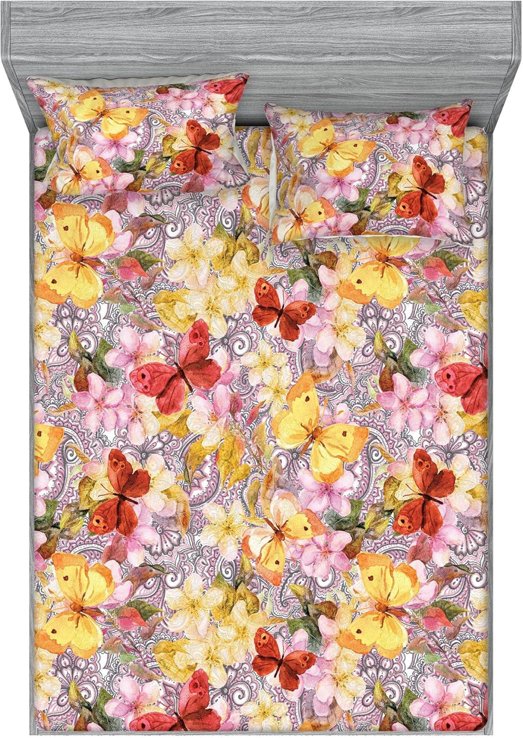 imageAmbesonne Floral Fitted Sheet amp Pillow Sham Set Romantic Concept Art Featuring Rose Flowers Hearts Leaves Valentine Decorative Printed 3 Piece Bedding Decor Set Queen Pastel Pink and Fern GreenPastel Yellow and Soft Pink
