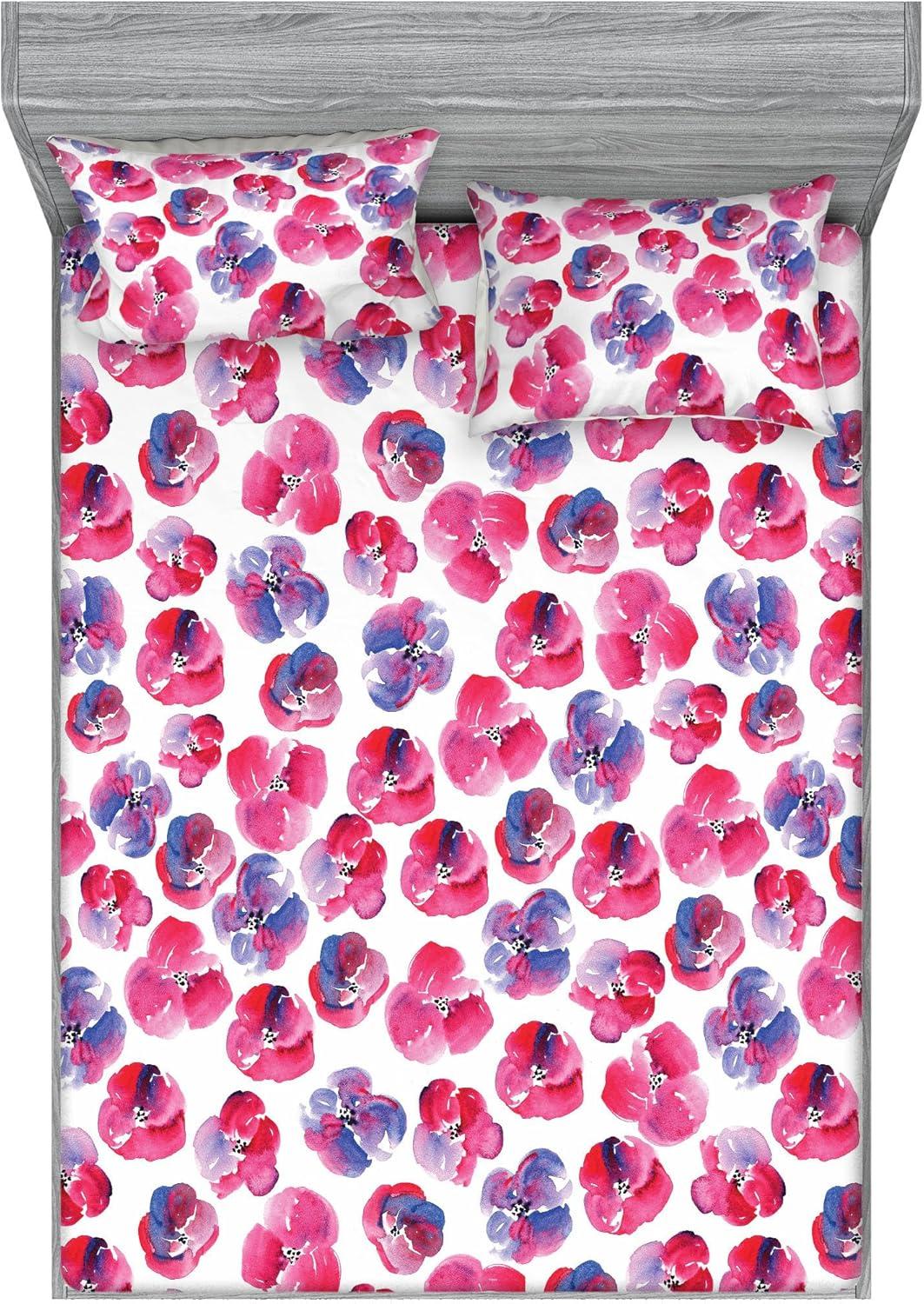 imageAmbesonne Floral Fitted Sheet amp Pillow Sham Set Romantic Concept Art Featuring Rose Flowers Hearts Leaves Valentine Decorative Printed 3 Piece Bedding Decor Set Queen Pastel Pink and Fern GreenDark Pink and Ceil Blue