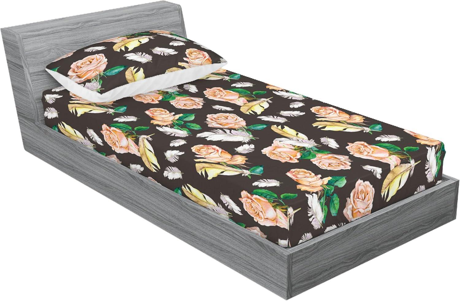 imageAmbesonne Floral Fitted Sheet amp Pillow Sham Set Romantic Concept Art Featuring Rose Flowers Hearts Leaves Valentine Decorative Printed 3 Piece Bedding Decor Set Queen Pastel Pink and Fern GreenJade Green Pale Salmon