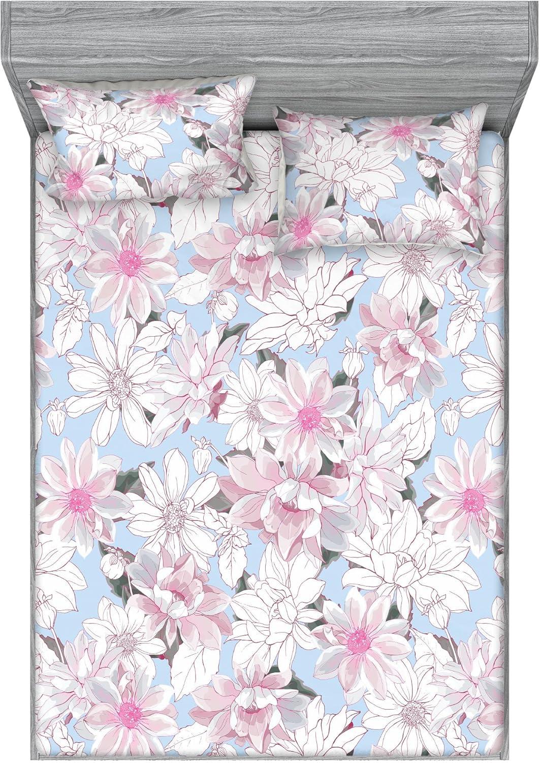 imageAmbesonne Floral Fitted Sheet amp Pillow Sham Set Romantic Concept Art Featuring Rose Flowers Hearts Leaves Valentine Decorative Printed 3 Piece Bedding Decor Set Queen Pastel Pink and Fern GreenOff White Pink Soft Blue