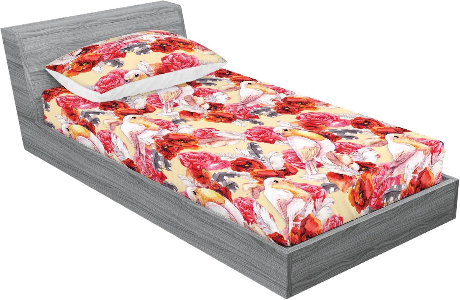 imageAmbesonne Floral Fitted Sheet amp Pillow Sham Set Romantic Concept Art Featuring Rose Flowers Hearts Leaves Valentine Decorative Printed 3 Piece Bedding Decor Set Queen Pastel Pink and Fern GreenDark Coral and Pale Orange