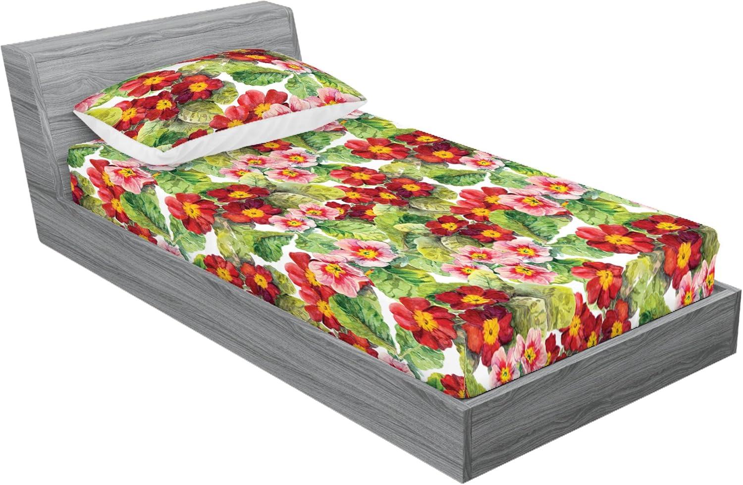 imageAmbesonne Floral Fitted Sheet amp Pillow Sham Set Romantic Concept Art Featuring Rose Flowers Hearts Leaves Valentine Decorative Printed 3 Piece Bedding Decor Set Queen Pastel Pink and Fern GreenDark Salmon and Apple Green