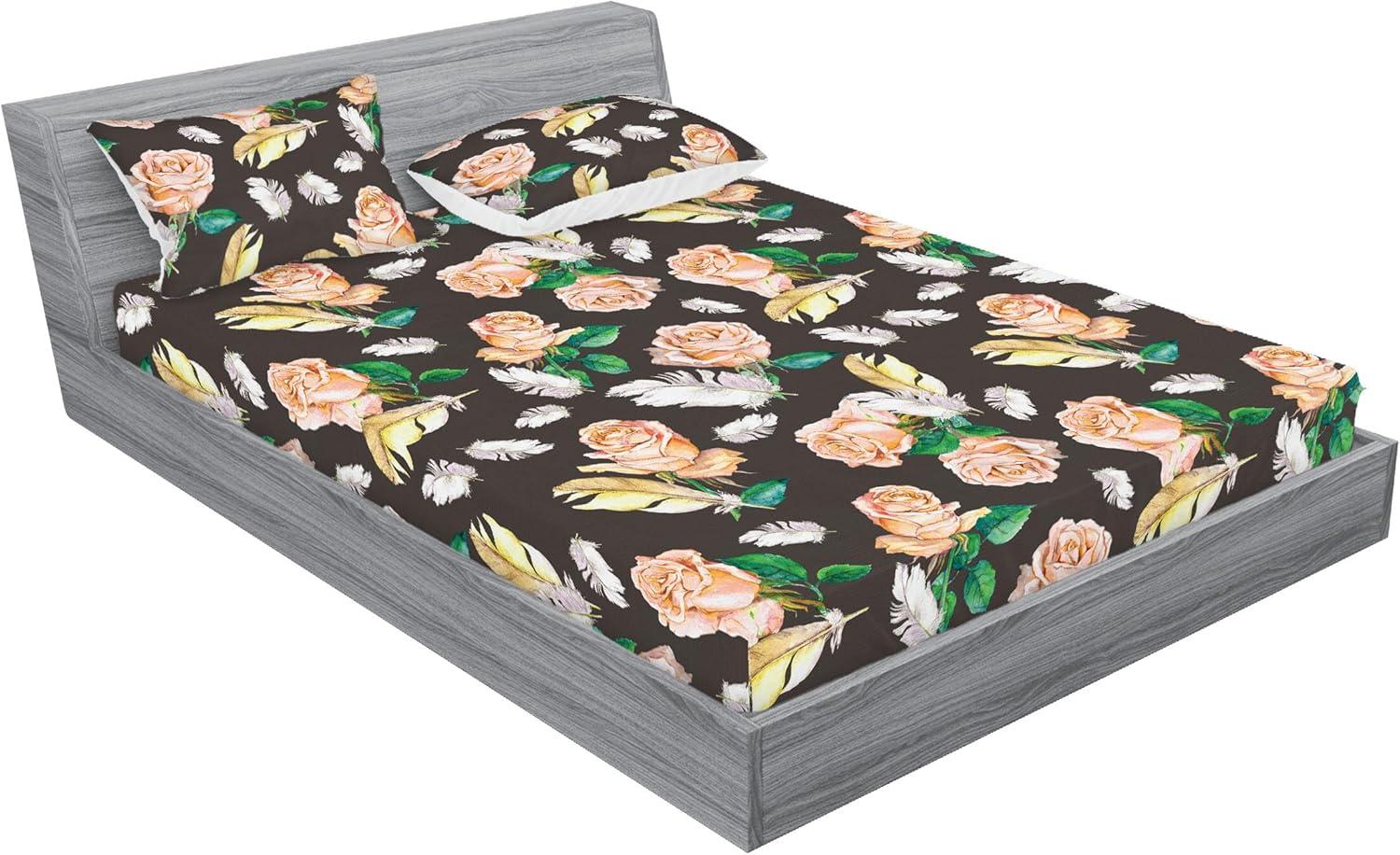 imageAmbesonne Floral Fitted Sheet amp Pillow Sham Set Romantic Concept Art Featuring Rose Flowers Hearts Leaves Valentine Decorative Printed 3 Piece Bedding Decor Set Queen Pastel Pink and Fern GreenJade Green Pale Salmon