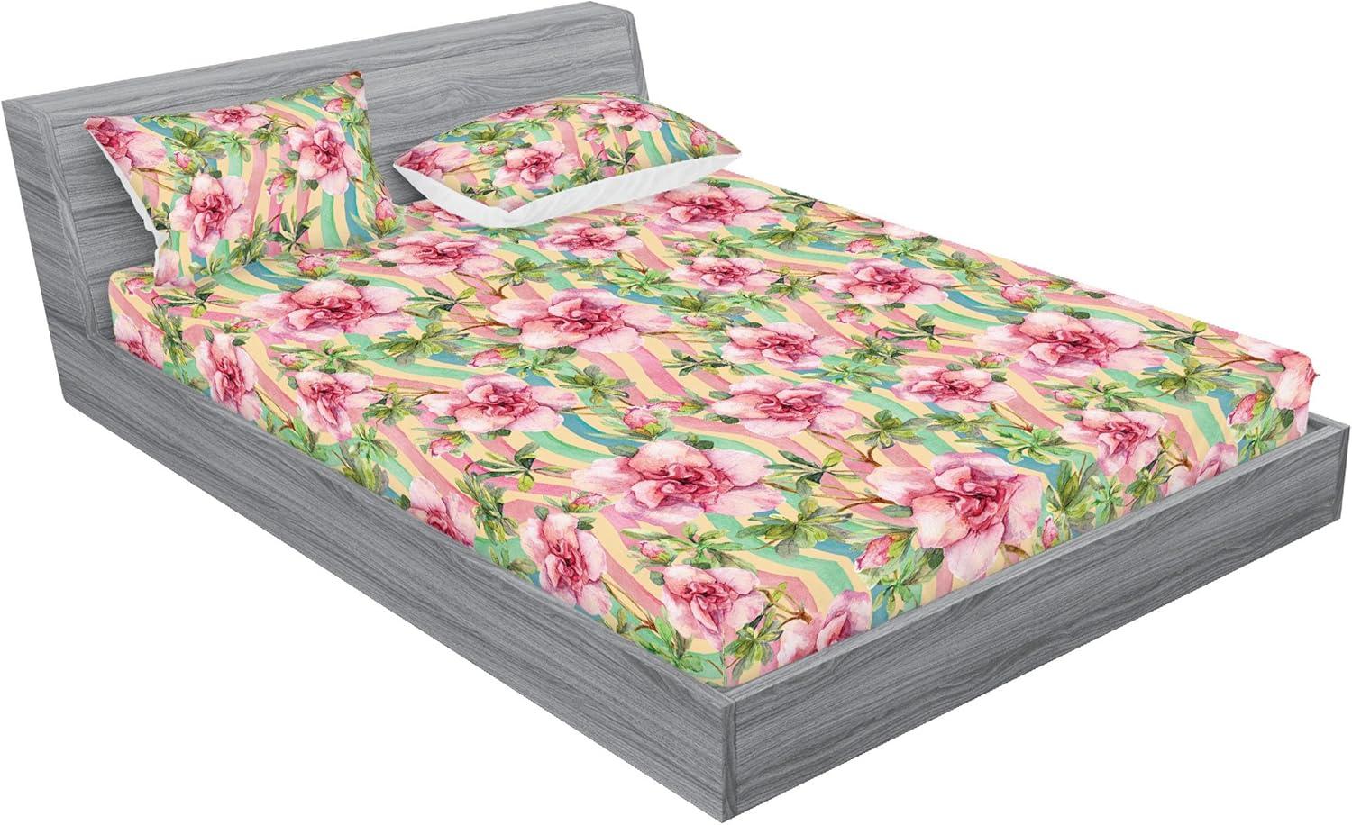 imageAmbesonne Floral Fitted Sheet amp Pillow Sham Set Romantic Concept Art Featuring Rose Flowers Hearts Leaves Valentine Decorative Printed 3 Piece Bedding Decor Set Queen Pastel Pink and Fern GreenPastel Pink and Olive Green
