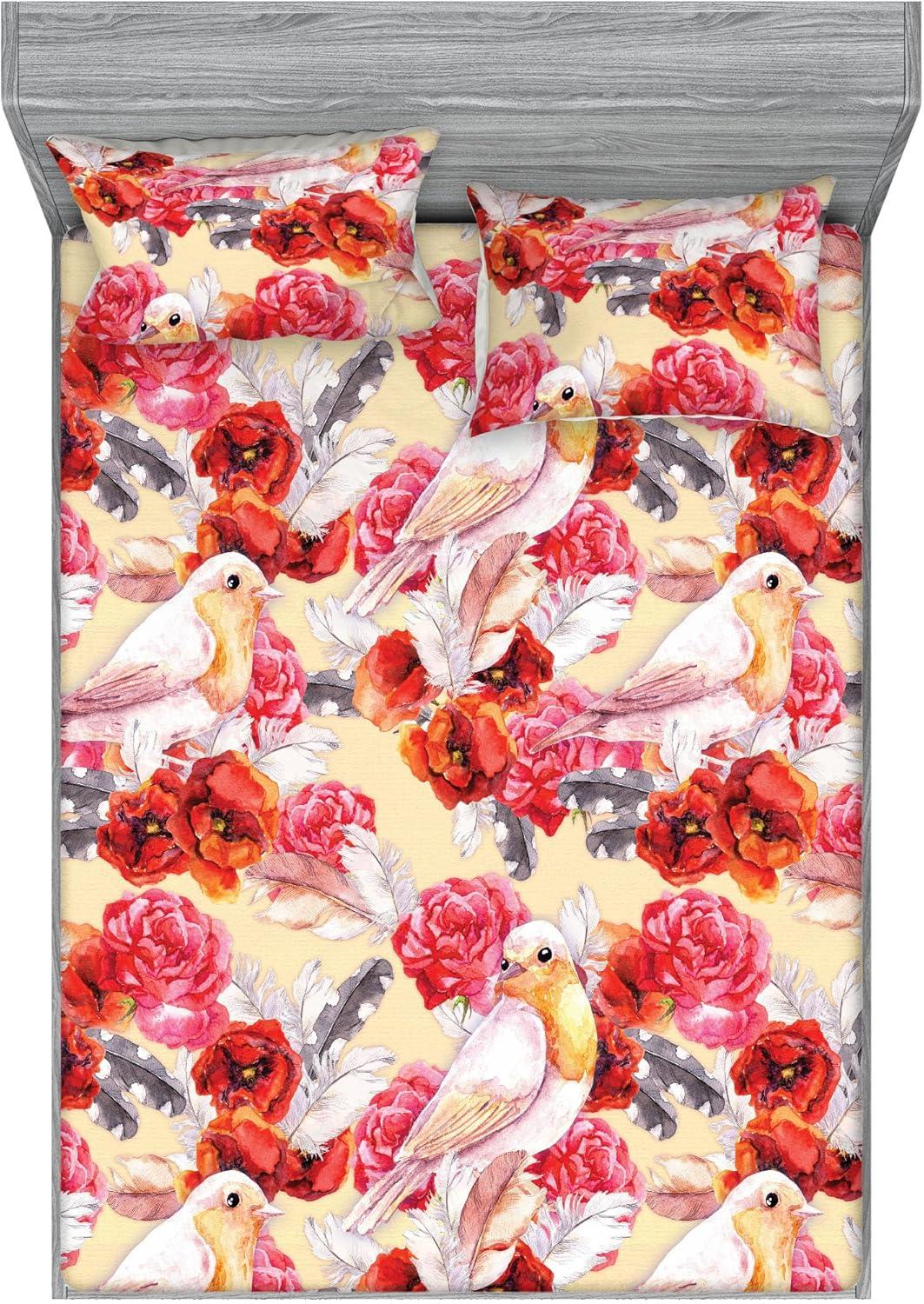 imageAmbesonne Floral Fitted Sheet amp Pillow Sham Set Romantic Concept Art Featuring Rose Flowers Hearts Leaves Valentine Decorative Printed 3 Piece Bedding Decor Set Queen Pastel Pink and Fern GreenDark Coral and Pale Orange
