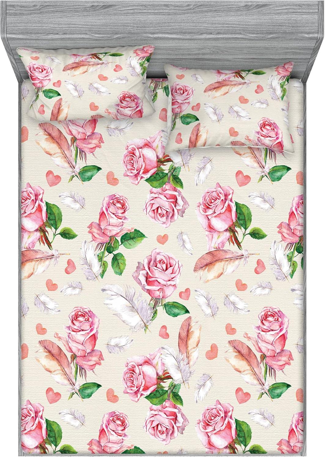 imageAmbesonne Floral Fitted Sheet amp Pillow Sham Set Romantic Concept Art Featuring Rose Flowers Hearts Leaves Valentine Decorative Printed 3 Piece Bedding Decor Set Queen Pastel Pink and Fern GreenPastel Pink and Fern Green