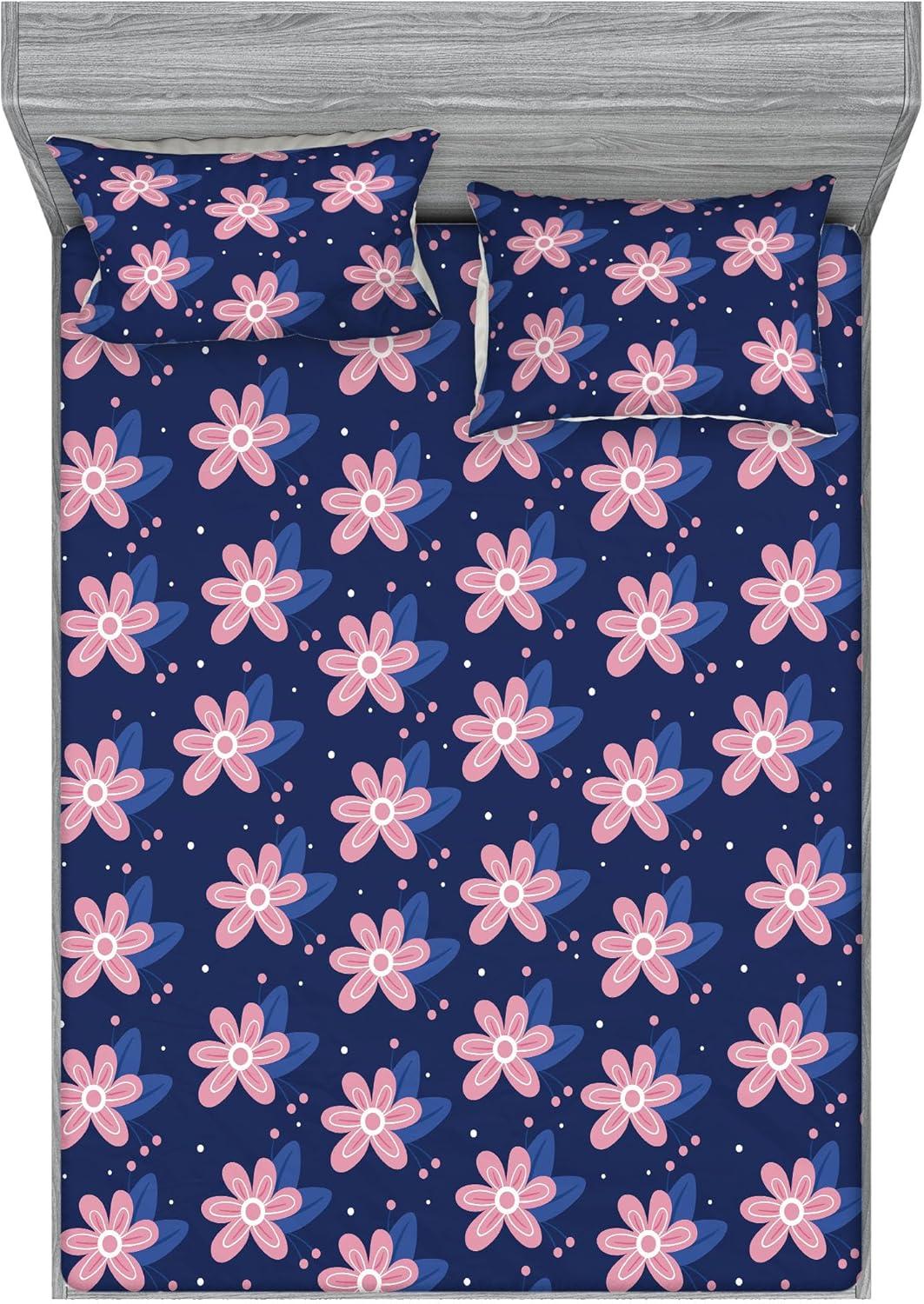 imageAmbesonne Floral Fitted Sheet amp Pillow Sham Set Romantic Concept Art Featuring Rose Flowers Hearts Leaves Valentine Decorative Printed 3 Piece Bedding Decor Set Queen Pastel Pink and Fern GreenRose Night Blue and Dark Blue