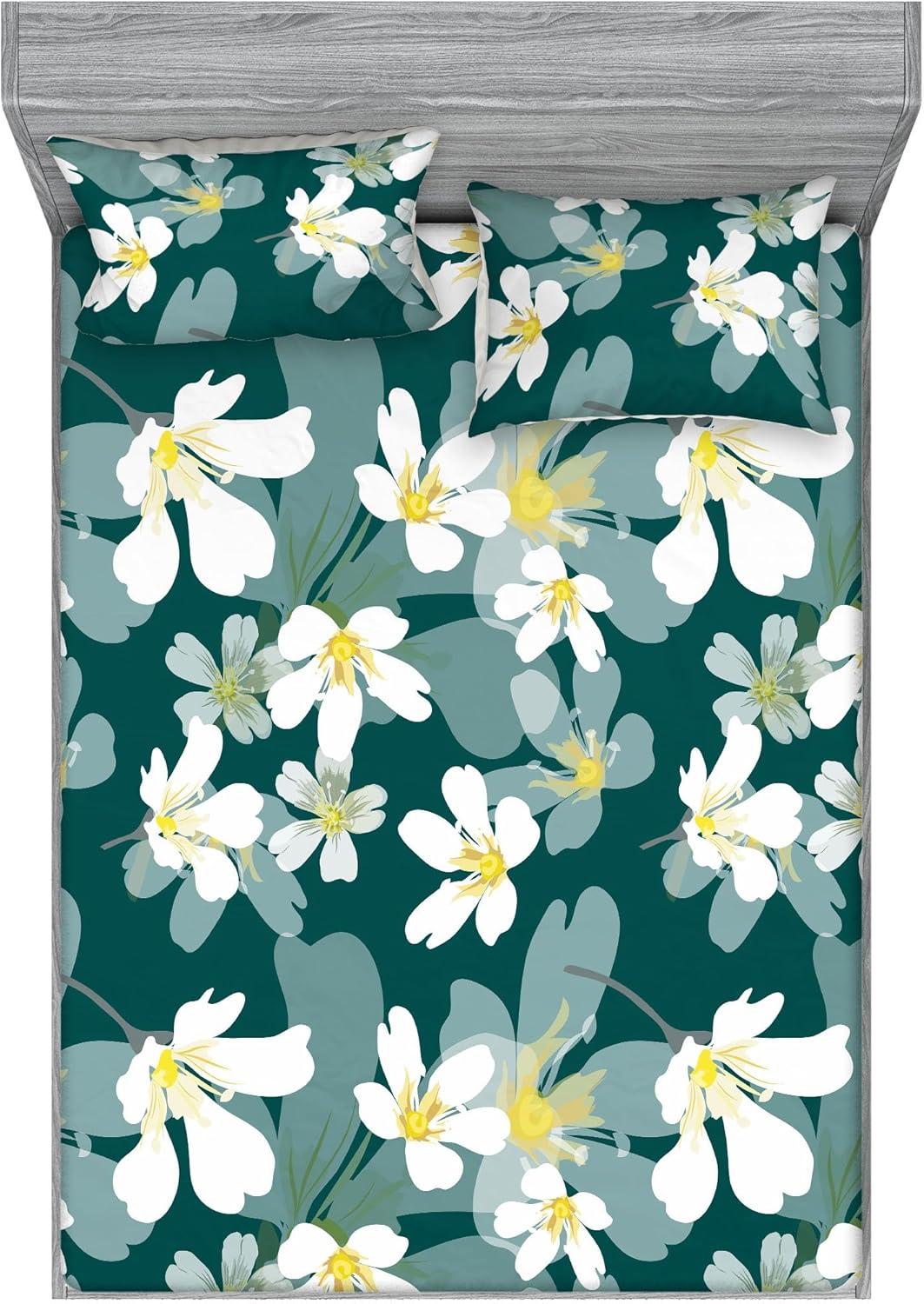 imageAmbesonne Floral Fitted Sheet amp Pillow Sham Set Romantic Concept Art Featuring Rose Flowers Hearts Leaves Valentine Decorative Printed 3 Piece Bedding Decor Set Queen Pastel Pink and Fern GreenWhite Pale Teal Grey Teal
