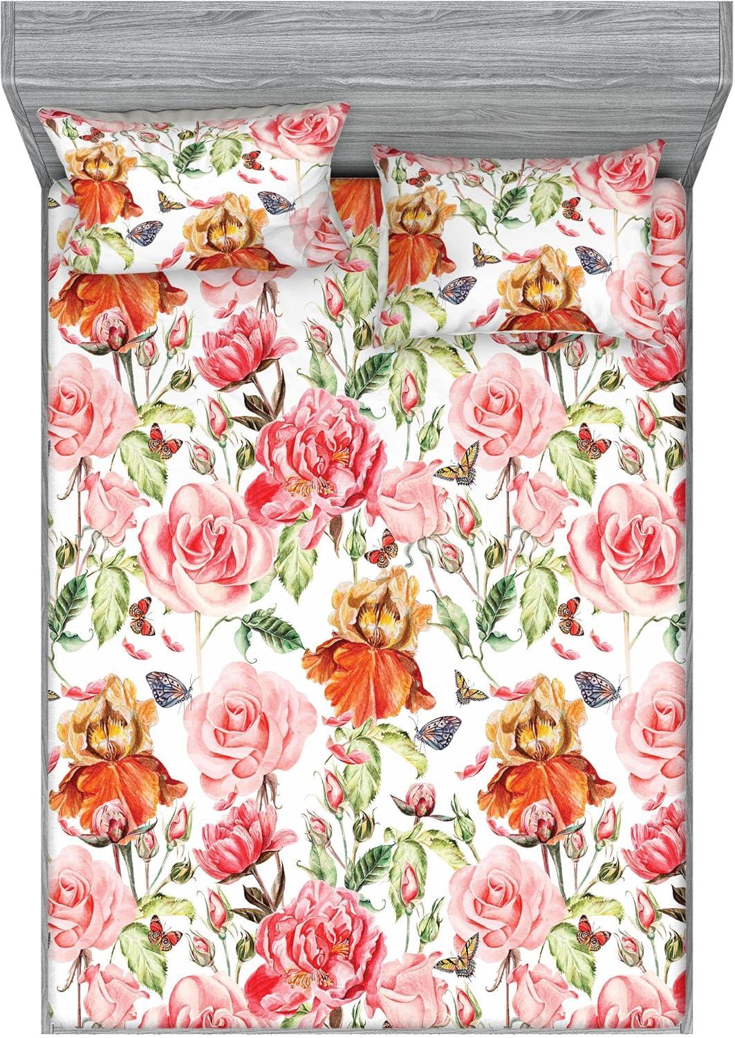 imageAmbesonne Floral Fitted Sheet amp Pillow Sham Set Romantic Concept Art Featuring Rose Flowers Hearts Leaves Valentine Decorative Printed 3 Piece Bedding Decor Set Queen Pastel Pink and Fern GreenDark Peach and Soft Pink