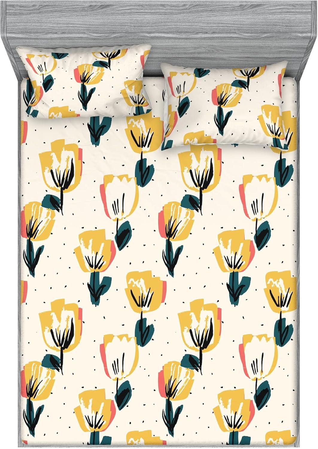 imageAmbesonne Floral Fitted Sheet amp Pillow Sham Set Romantic Concept Art Featuring Rose Flowers Hearts Leaves Valentine Decorative Printed 3 Piece Bedding Decor Set Queen Pastel Pink and Fern GreenDark Green Mustard Beige