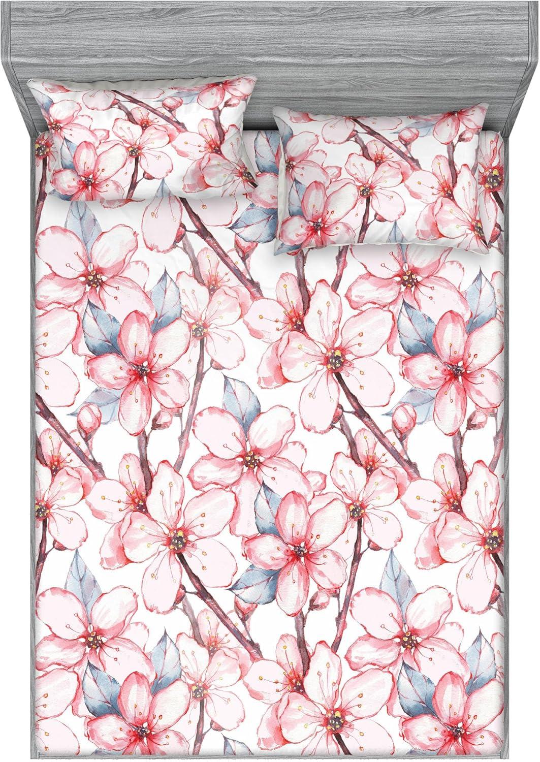 imageAmbesonne Floral Fitted Sheet amp Pillow Sham Set Romantic Concept Art Featuring Rose Flowers Hearts Leaves Valentine Decorative Printed 3 Piece Bedding Decor Set Queen Pastel Pink and Fern GreenDark Pink and Soft Blue