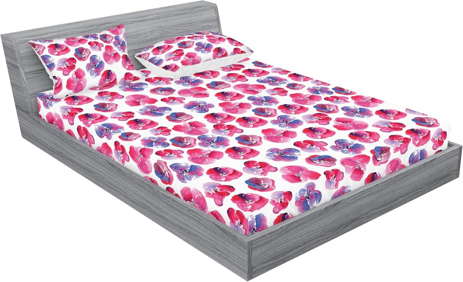 imageAmbesonne Floral Fitted Sheet amp Pillow Sham Set Romantic Concept Art Featuring Rose Flowers Hearts Leaves Valentine Decorative Printed 3 Piece Bedding Decor Set Queen Pastel Pink and Fern GreenDark Pink and Ceil Blue