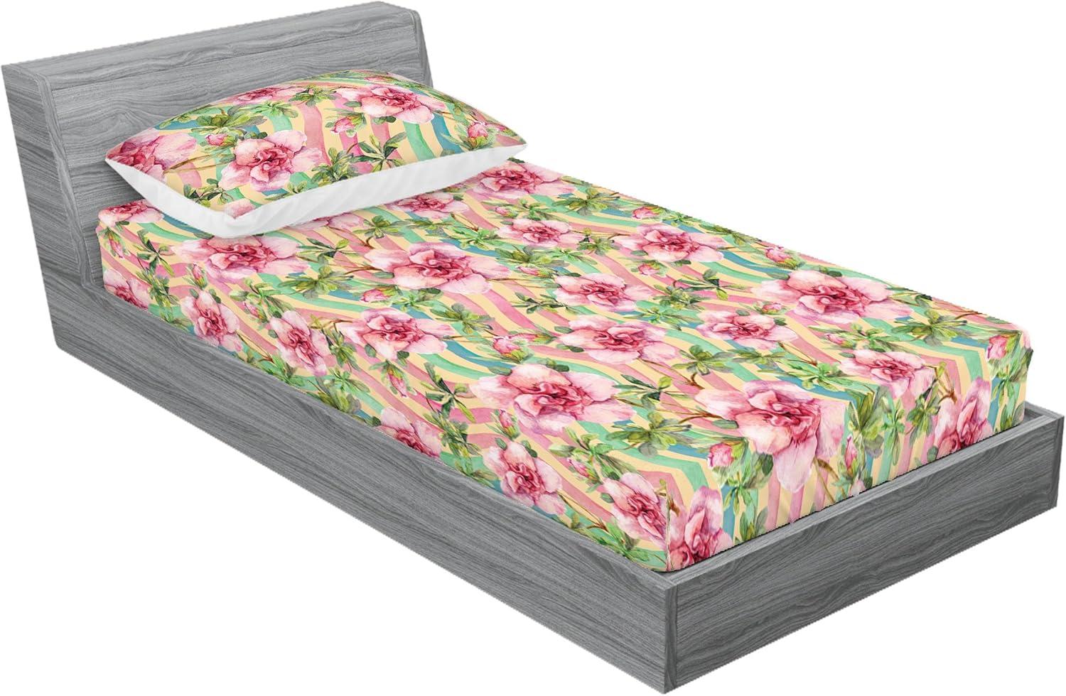 imageAmbesonne Floral Fitted Sheet amp Pillow Sham Set Romantic Concept Art Featuring Rose Flowers Hearts Leaves Valentine Decorative Printed 3 Piece Bedding Decor Set Queen Pastel Pink and Fern GreenPastel Pink and Olive Green