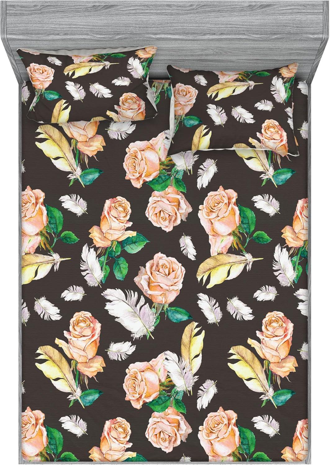 imageAmbesonne Floral Fitted Sheet amp Pillow Sham Set Romantic Concept Art Featuring Rose Flowers Hearts Leaves Valentine Decorative Printed 3 Piece Bedding Decor Set Queen Pastel Pink and Fern GreenJade Green Pale Salmon