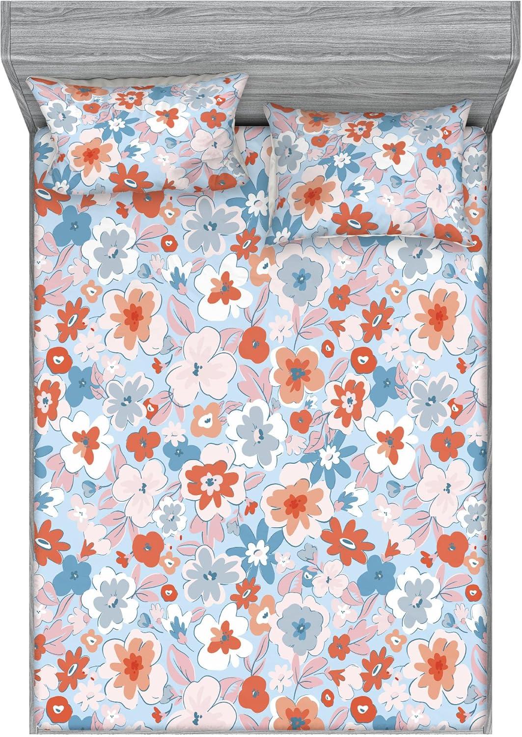imageAmbesonne Floral Fitted Sheet amp Pillow Sham Set Romantic Concept Art Featuring Rose Flowers Hearts Leaves Valentine Decorative Printed 3 Piece Bedding Decor Set Queen Pastel Pink and Fern GreenCinnamon Soft Blue Blush