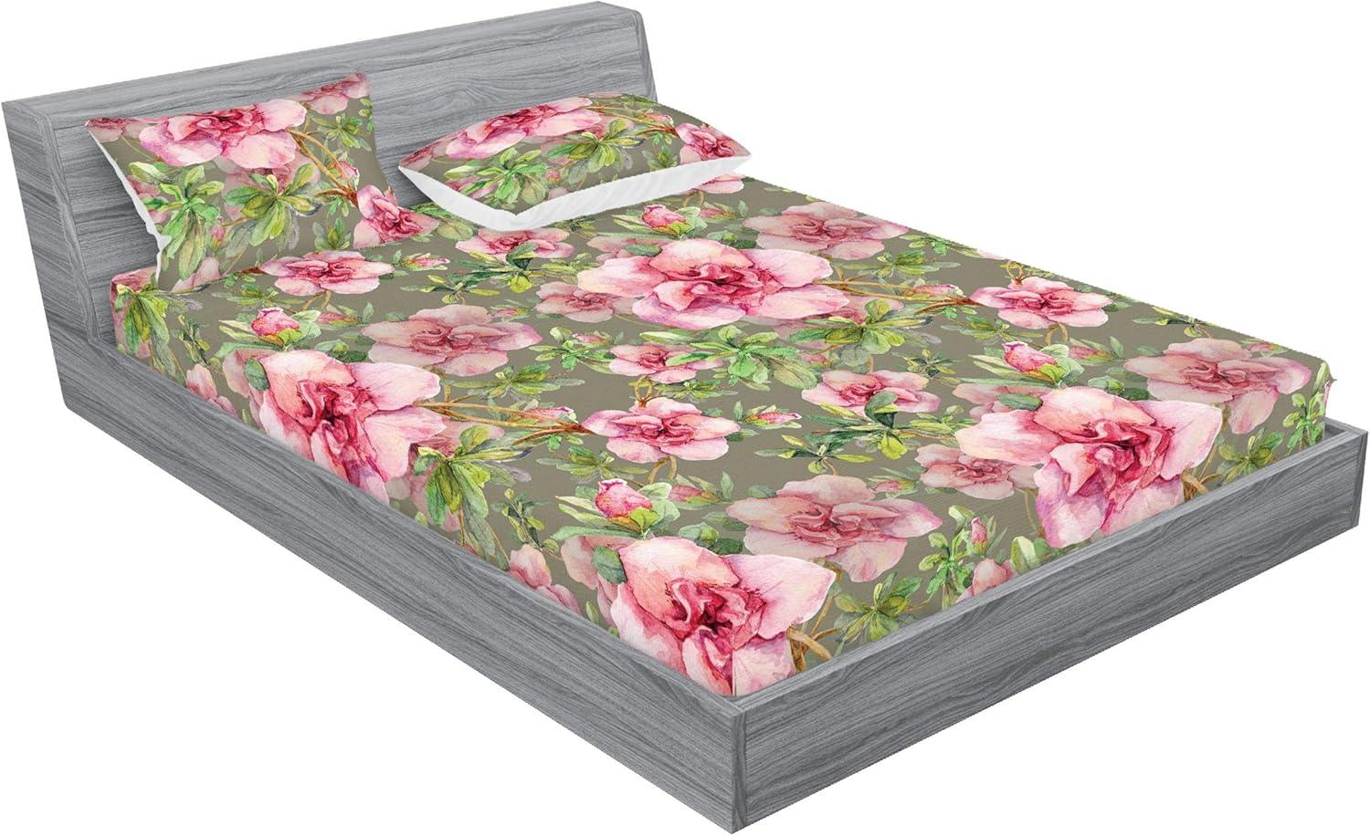 imageAmbesonne Floral Fitted Sheet amp Pillow Sham Set Romantic Concept Art Featuring Rose Flowers Hearts Leaves Valentine Decorative Printed 3 Piece Bedding Decor Set Queen Pastel Pink and Fern GreenDark Pink and Olive Green