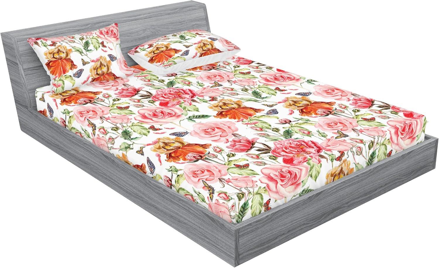imageAmbesonne Floral Fitted Sheet amp Pillow Sham Set Romantic Concept Art Featuring Rose Flowers Hearts Leaves Valentine Decorative Printed 3 Piece Bedding Decor Set Queen Pastel Pink and Fern GreenDark Peach and Soft Pink