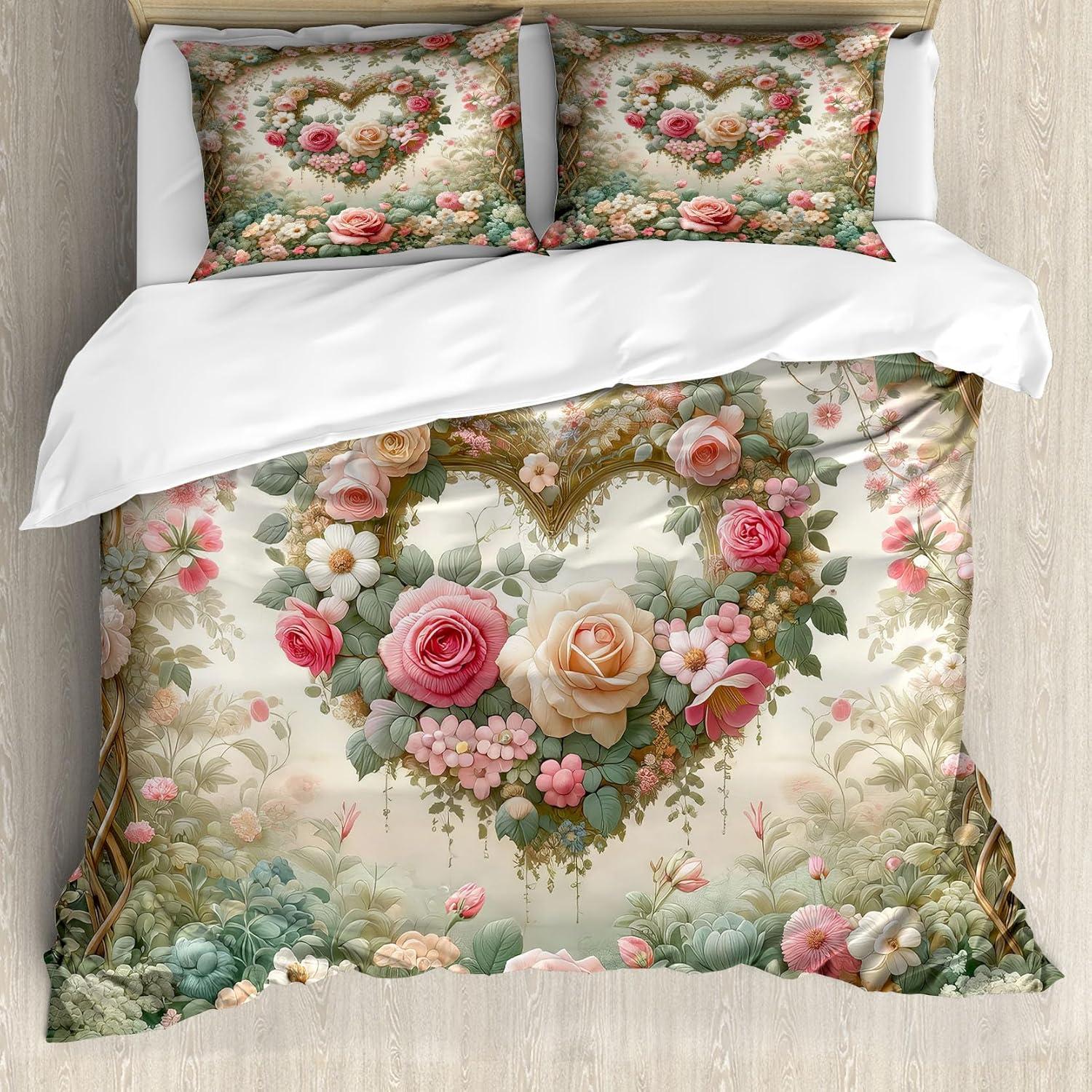 imageAmbesonne Floral Heart Duvet Cover Set Tenderness of Romantic Garden Ivy Branches and Roses Valentines Day Decorative 3 Piece Bedding Set with 2 Pillow Shams Queen Size Laurel Green and PinkLaurel Green and Pink