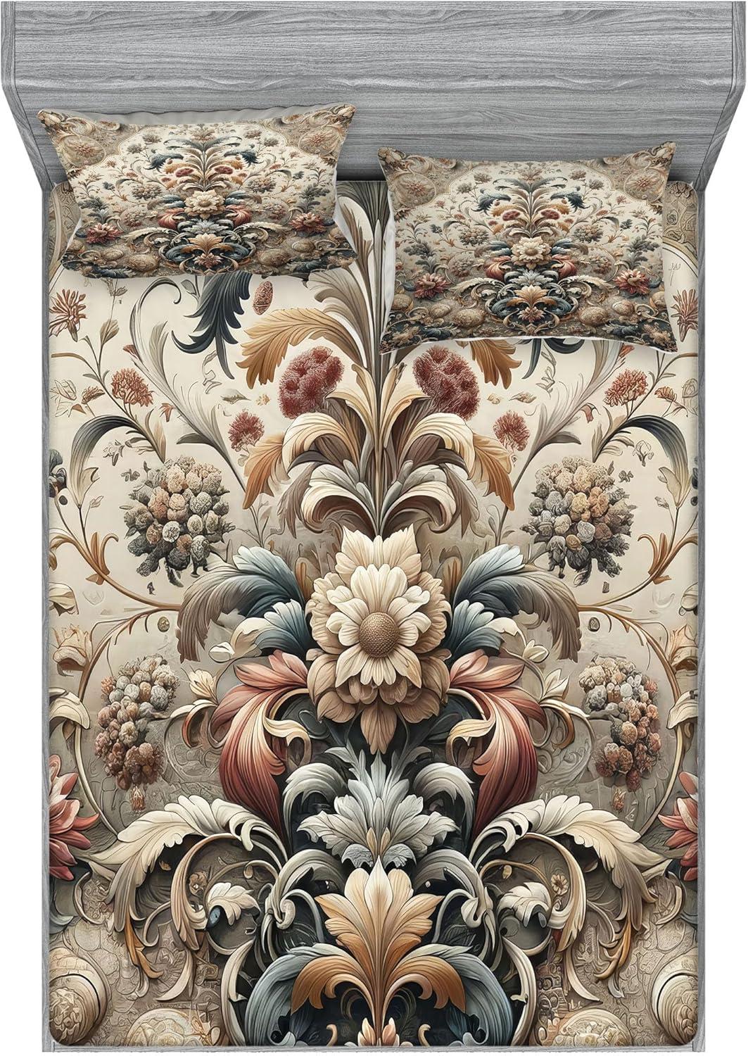 imageAmbesonne Floral Heart Fitted Sheet amp Pillow Sham Set Tenderness of Romantic Garden Ivy Branches and Roses Valentines Day Decorative Printed 3 Piece Bedding Decor Set Calking Laurel Green and PinkTan Dark Blue and Pale Ruby