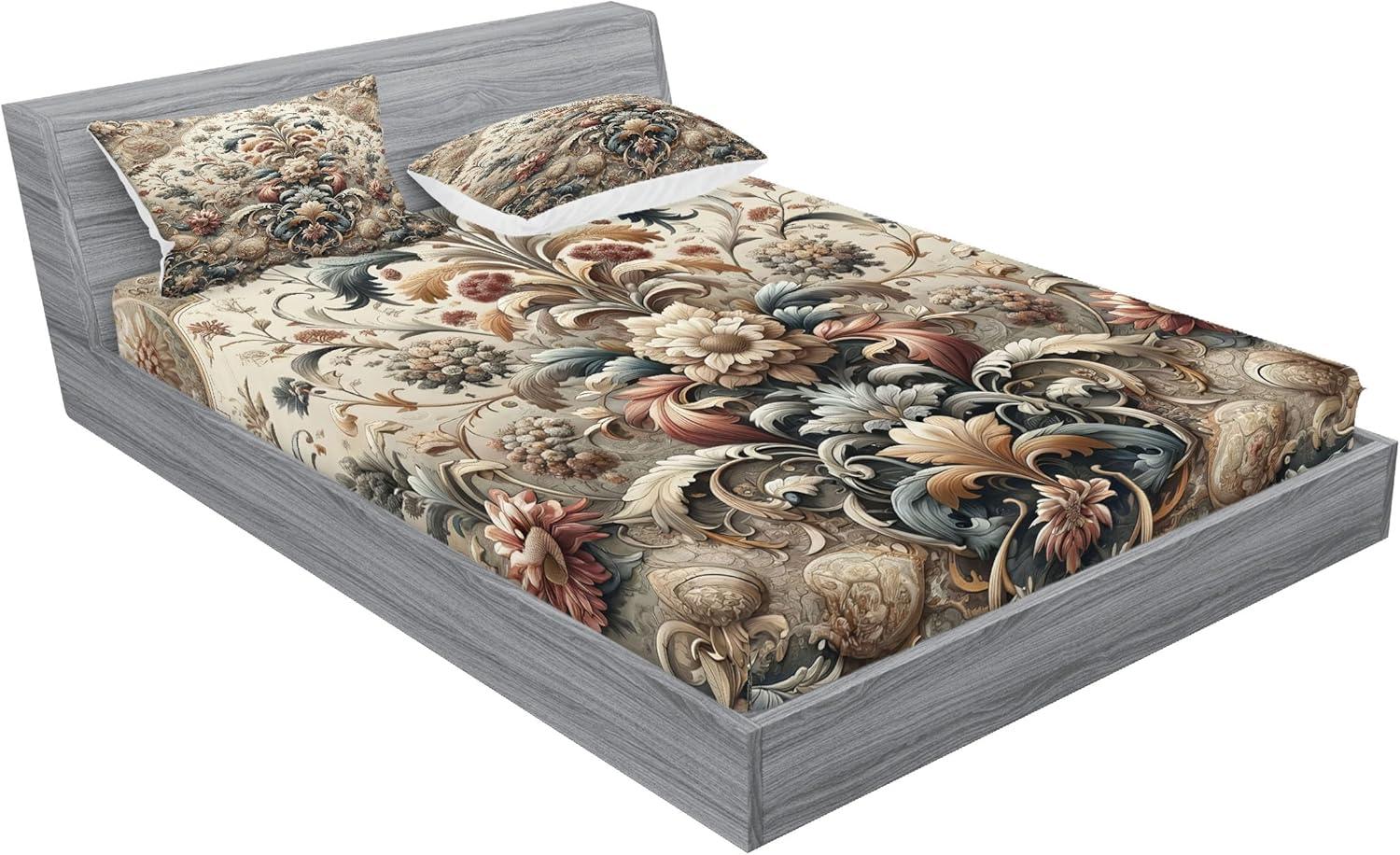 imageAmbesonne Floral Heart Fitted Sheet amp Pillow Sham Set Tenderness of Romantic Garden Ivy Branches and Roses Valentines Day Decorative Printed 3 Piece Bedding Decor Set Calking Laurel Green and PinkTan Dark Blue and Pale Ruby