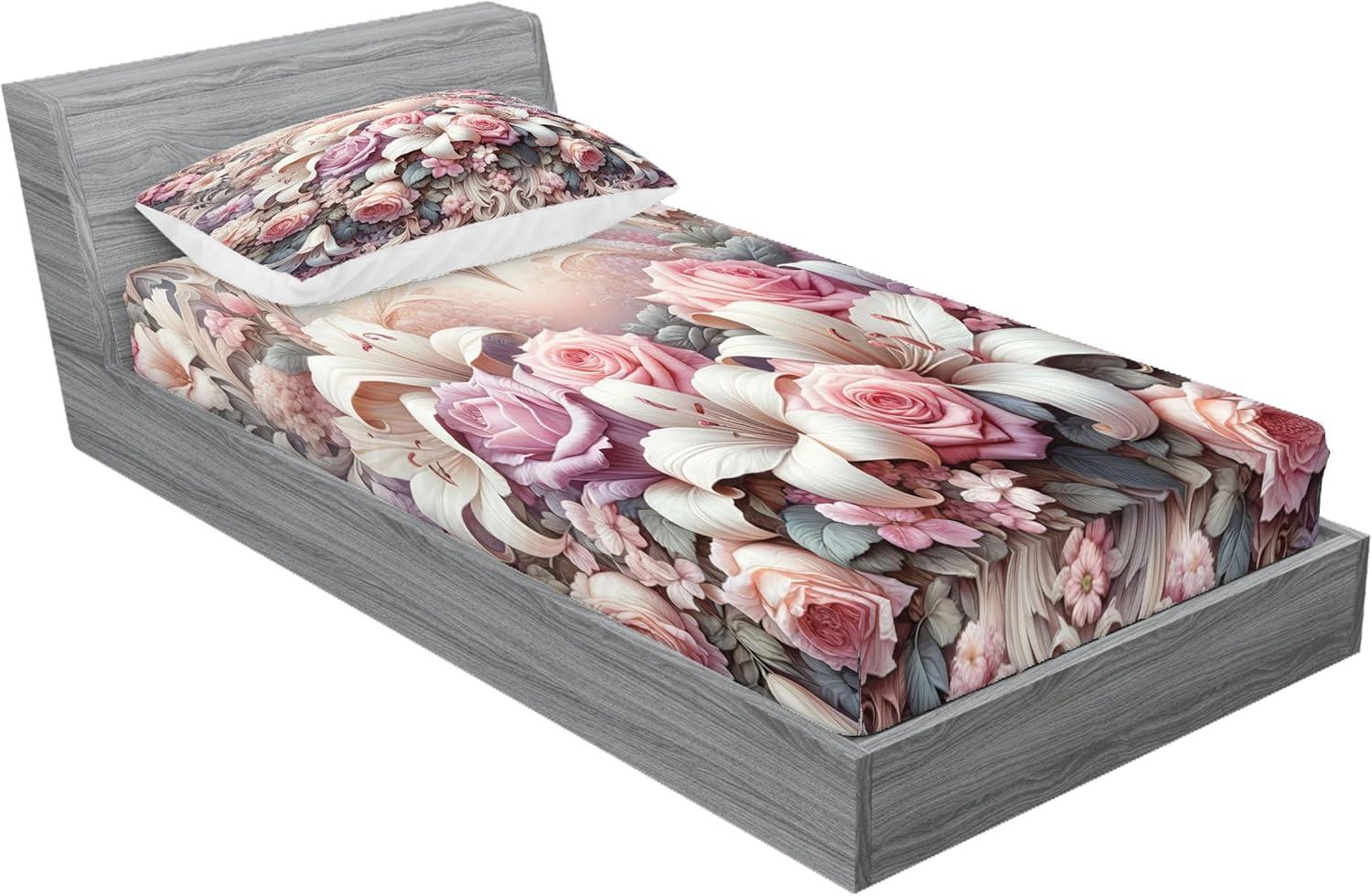 imageAmbesonne Floral Heart Fitted Sheet amp Pillow Sham Set Tenderness of Romantic Garden Ivy Branches and Roses Valentines Day Decorative Printed 3 Piece Bedding Decor Set Calking Laurel Green and PinkPale Pink Peach and Lilac