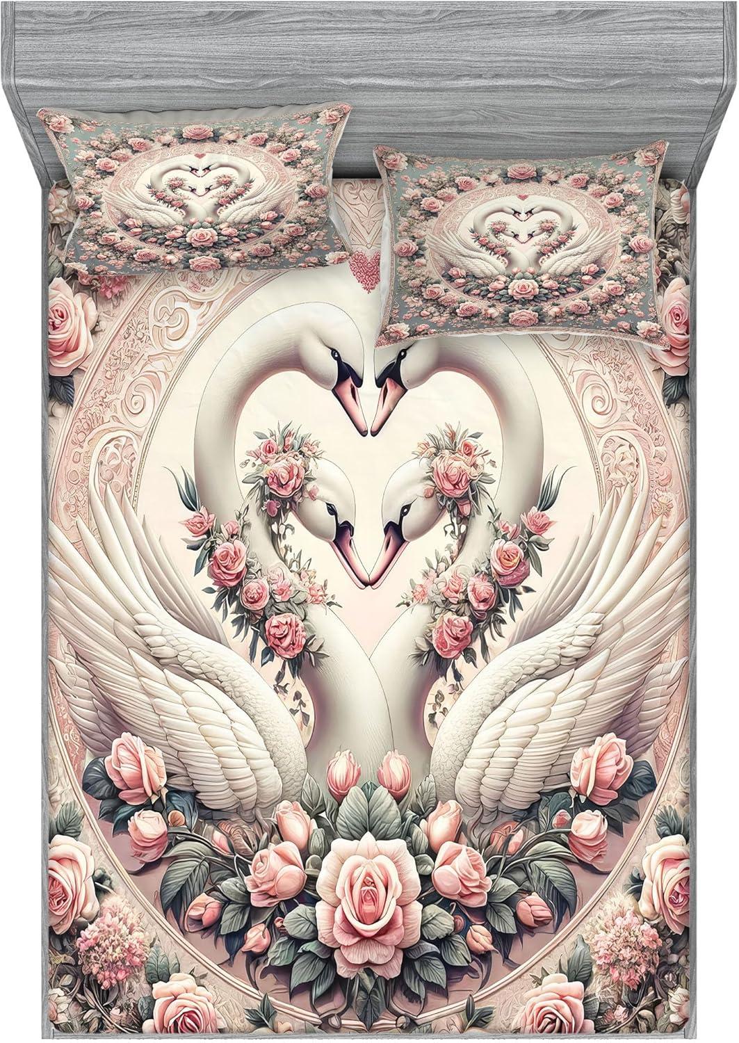 imageAmbesonne Floral Heart Fitted Sheet amp Pillow Sham Set Tenderness of Romantic Garden Ivy Branches and Roses Valentines Day Decorative Printed 3 Piece Bedding Decor Set Calking Laurel Green and PinkPale Pink Pale Cadet Blue