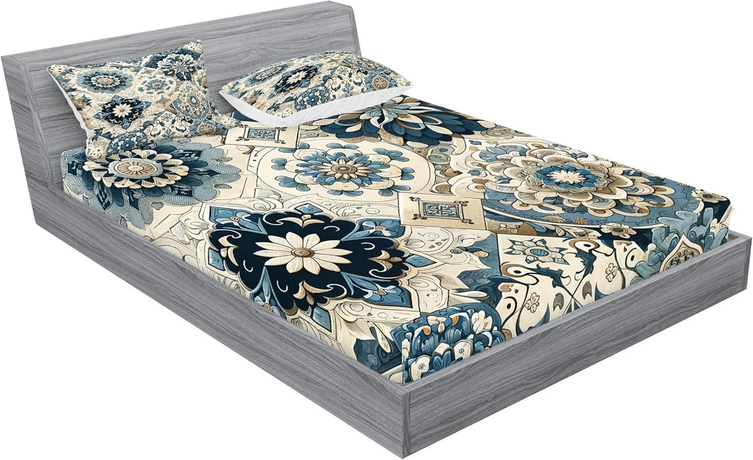 imageAmbesonne Floral Heart Fitted Sheet amp Pillow Sham Set Tenderness of Romantic Garden Ivy Branches and Roses Valentines Day Decorative Printed 3 Piece Bedding Decor Set Calking Laurel Green and PinkOff White Cadet Blue