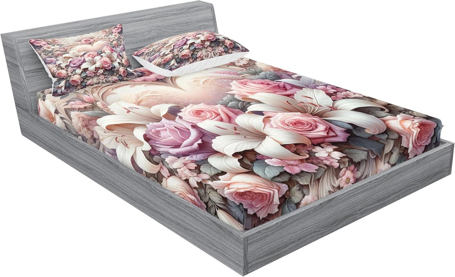 imageAmbesonne Floral Heart Fitted Sheet amp Pillow Sham Set Tenderness of Romantic Garden Ivy Branches and Roses Valentines Day Decorative Printed 3 Piece Bedding Decor Set Calking Laurel Green and PinkPale Pink Peach and Lilac