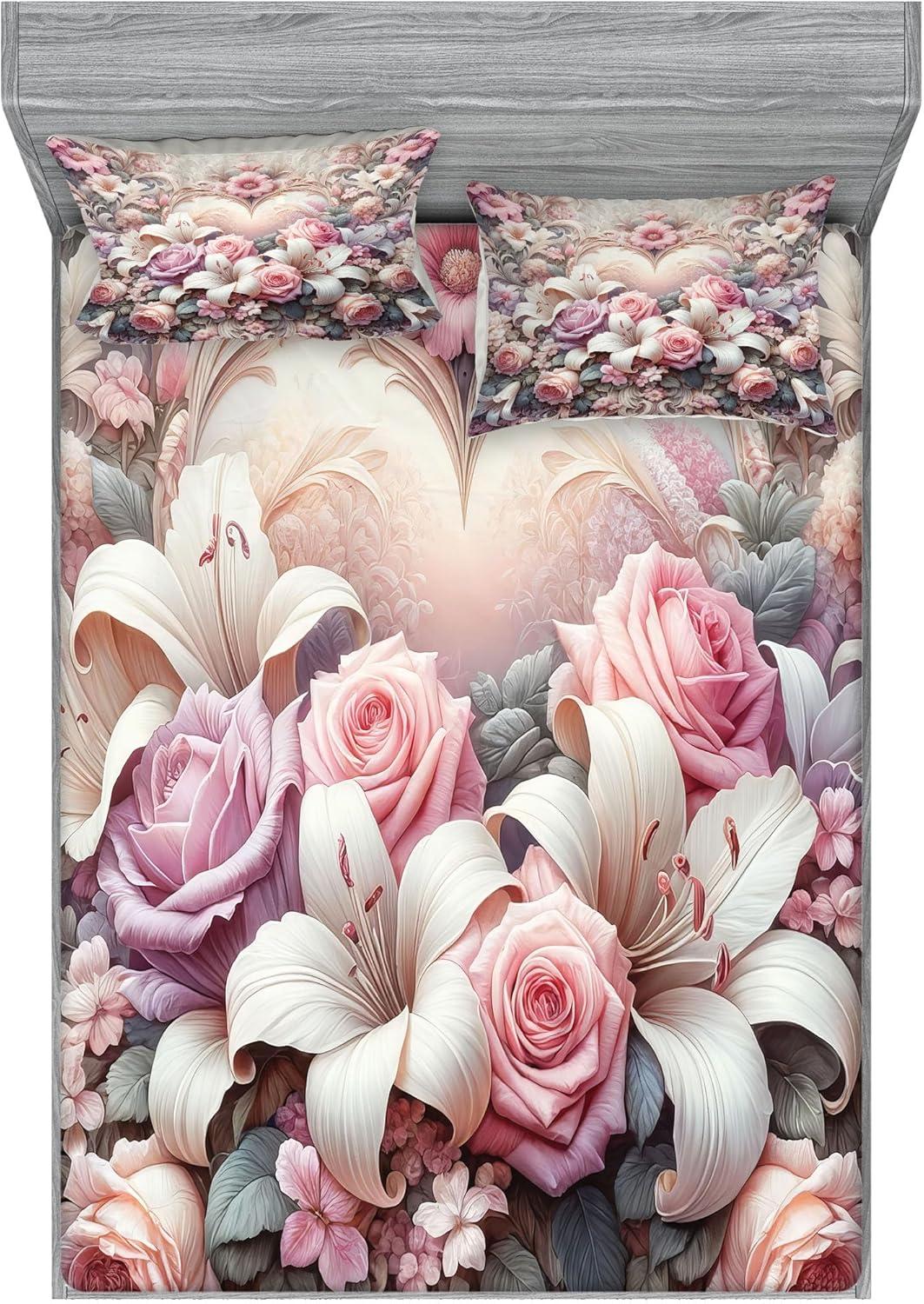 imageAmbesonne Floral Heart Fitted Sheet amp Pillow Sham Set Tenderness of Romantic Garden Ivy Branches and Roses Valentines Day Decorative Printed 3 Piece Bedding Decor Set Calking Laurel Green and PinkPale Pink Peach and Lilac