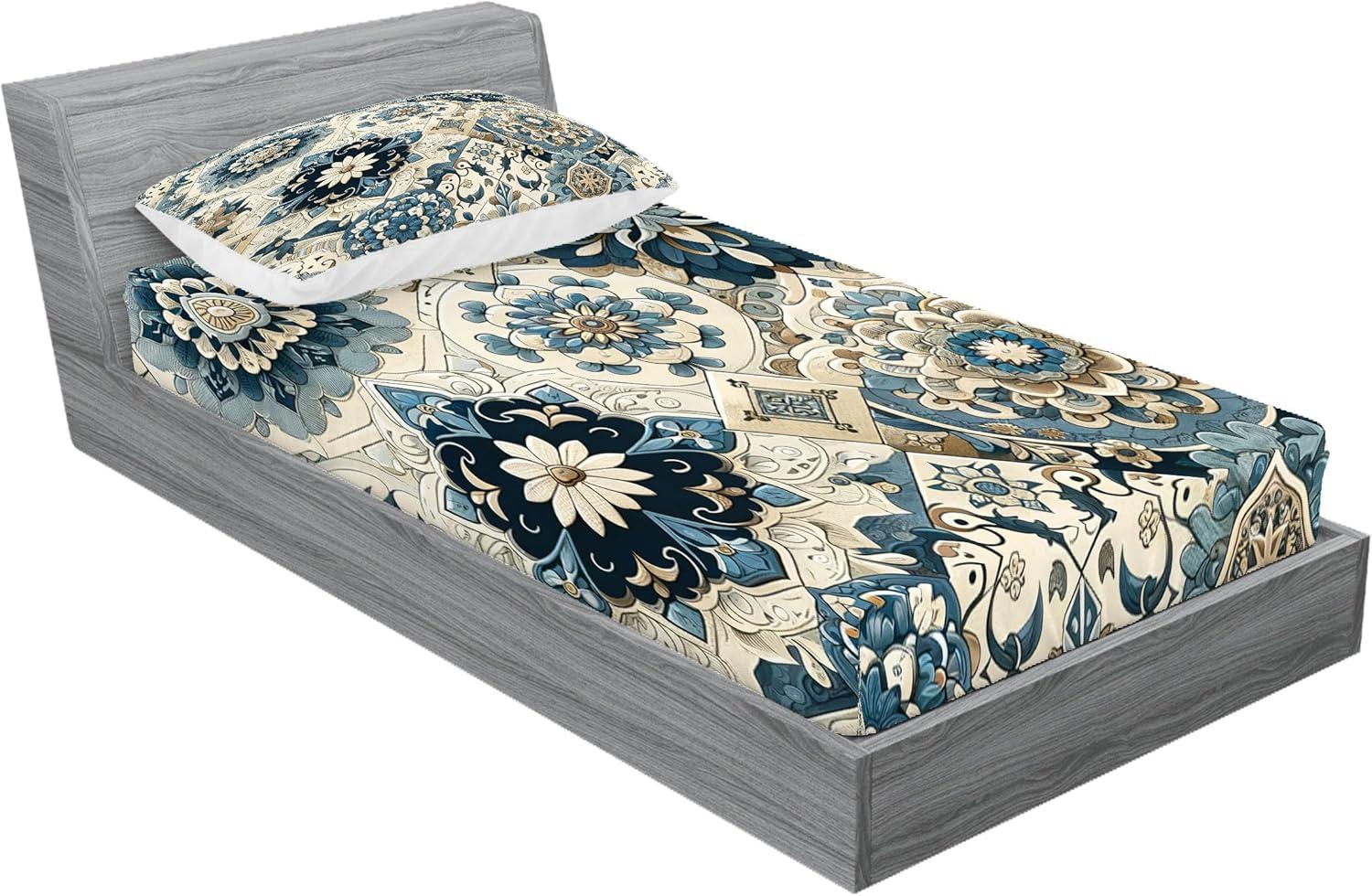 imageAmbesonne Floral Heart Fitted Sheet amp Pillow Sham Set Tenderness of Romantic Garden Ivy Branches and Roses Valentines Day Decorative Printed 3 Piece Bedding Decor Set Calking Laurel Green and PinkOff White Cadet Blue