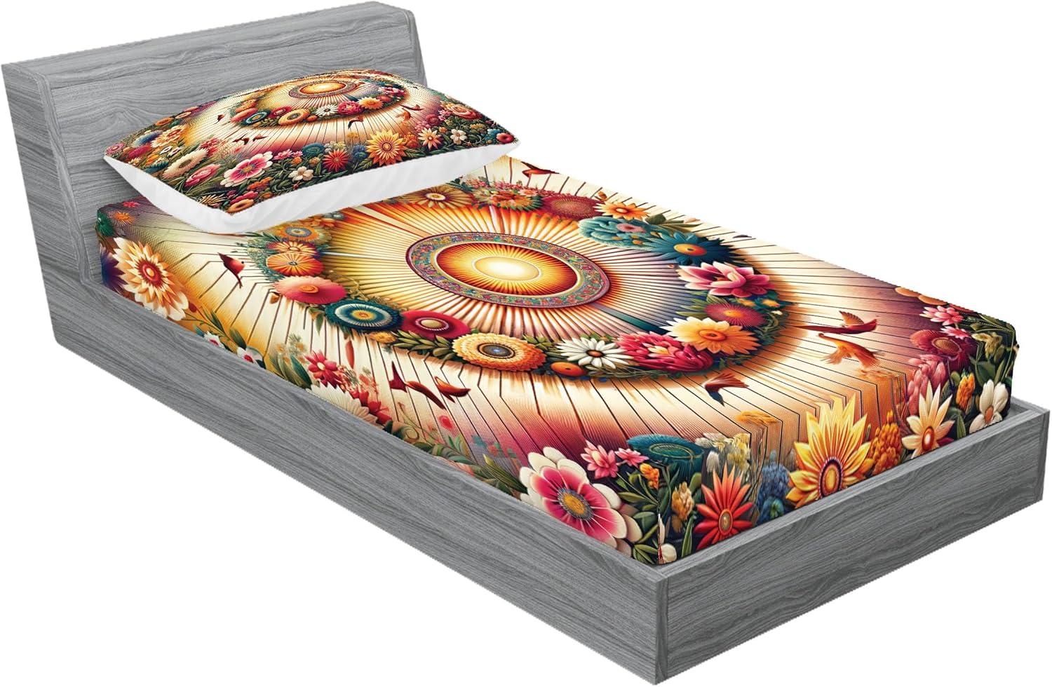 imageAmbesonne Floral Heart Fitted Sheet amp Pillow Sham Set Tenderness of Romantic Garden Ivy Branches and Roses Valentines Day Decorative Printed 3 Piece Bedding Decor Set Calking Laurel Green and PinkOrange Evergreen Pink