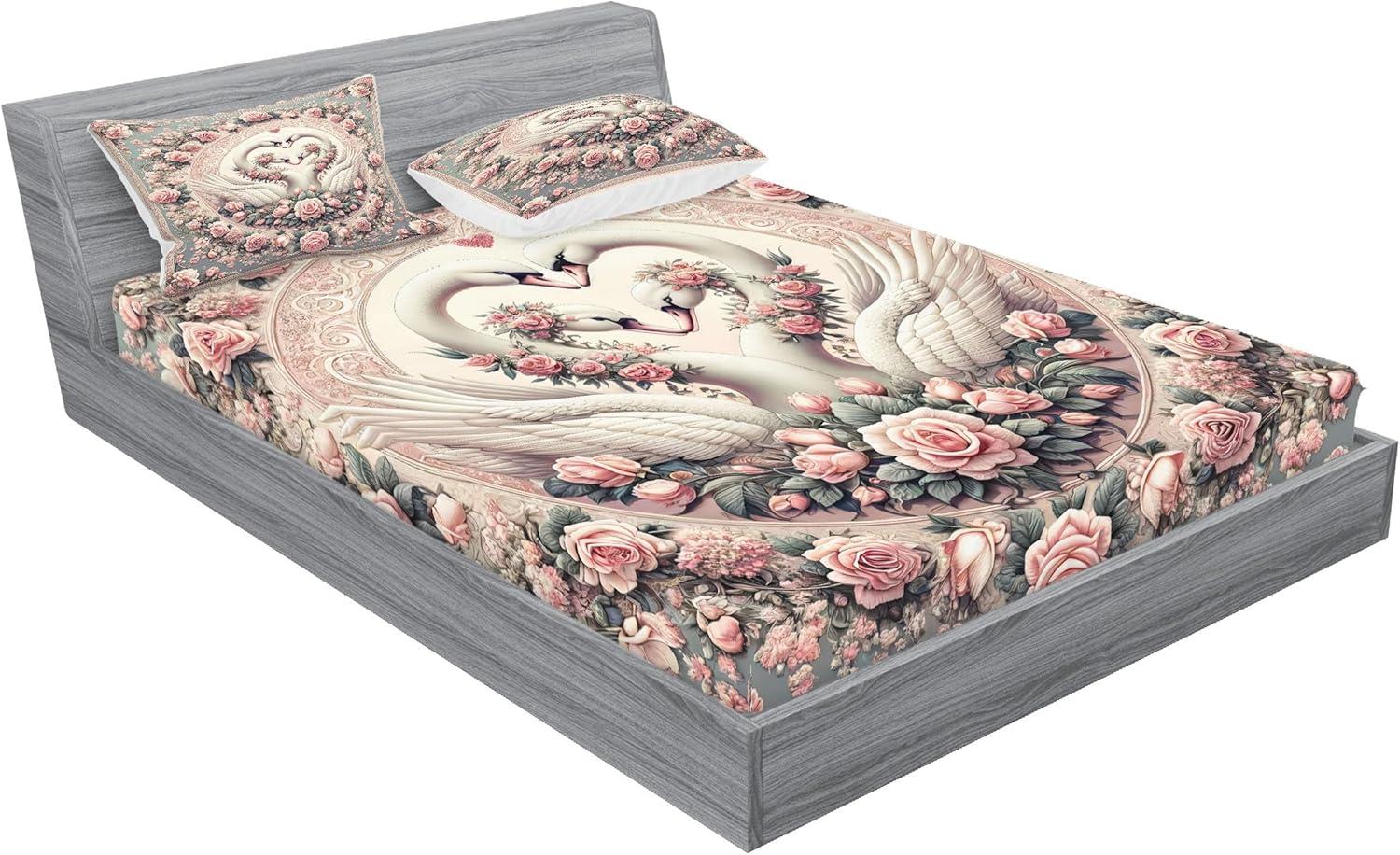 imageAmbesonne Floral Heart Fitted Sheet amp Pillow Sham Set Tenderness of Romantic Garden Ivy Branches and Roses Valentines Day Decorative Printed 3 Piece Bedding Decor Set Calking Laurel Green and PinkPale Pink Pale Cadet Blue