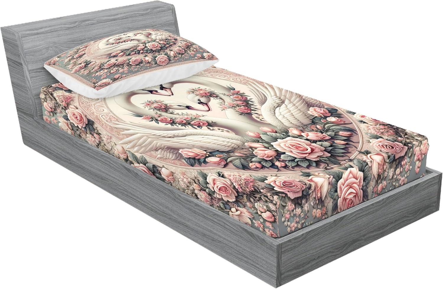 imageAmbesonne Floral Heart Fitted Sheet amp Pillow Sham Set Tenderness of Romantic Garden Ivy Branches and Roses Valentines Day Decorative Printed 3 Piece Bedding Decor Set Calking Laurel Green and PinkPale Pink Pale Cadet Blue