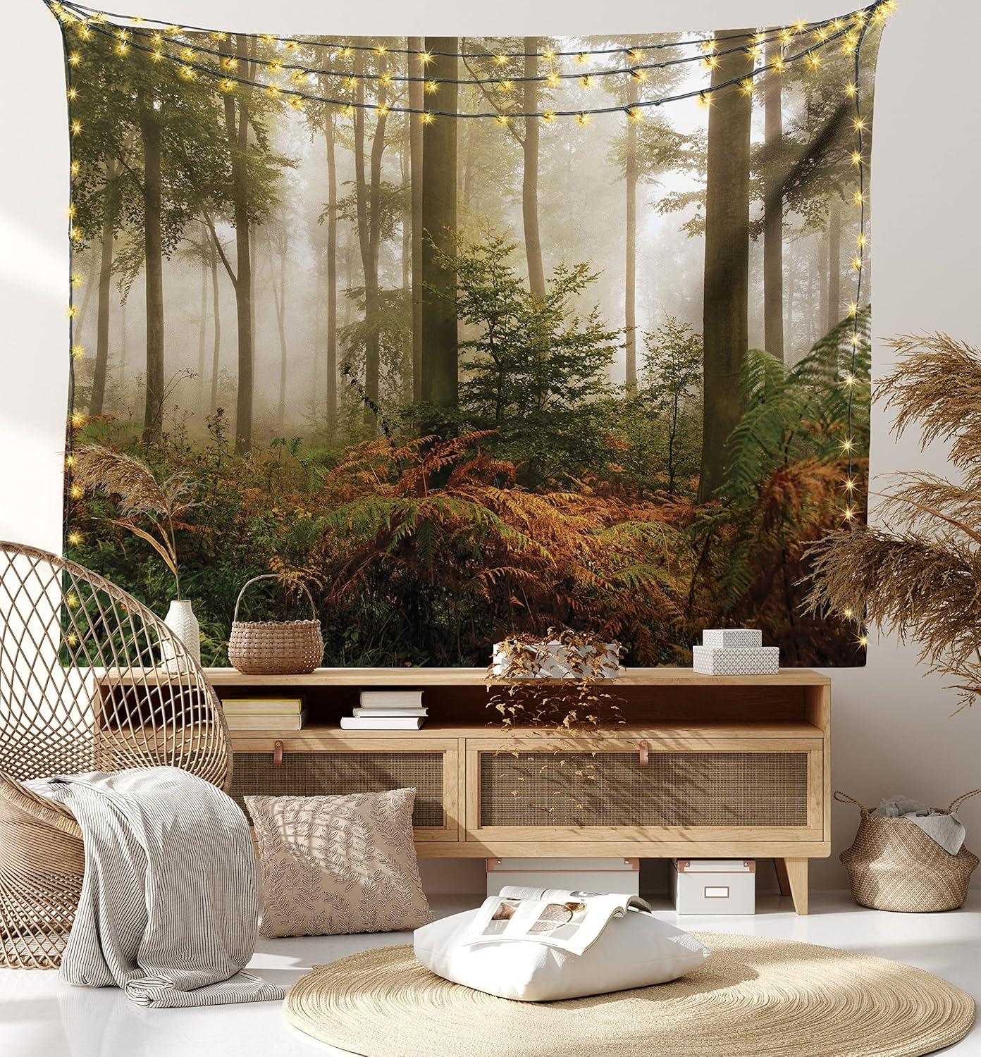 imageAmbesonne Forest Tapestry Mystic Dark Fog Atmosphere Deep in The Forest Woodland Nobody Silence Image Wide Wall Hanging for Bedroom Living Room Dorm 60 X 40 Brown Orange GreenBrown Orange Green