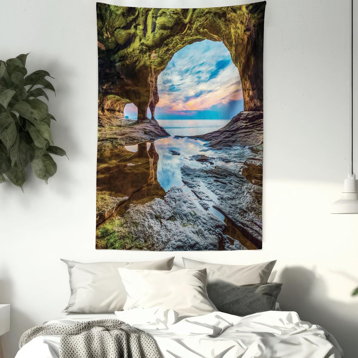 imageAmbesonne Forest Tapestry Mystic Dark Fog Atmosphere Deep in The Forest Woodland Nobody Silence Image Wide Wall Hanging for Bedroom Living Room Dorm 60 X 40 Brown Orange GreenCream Blue