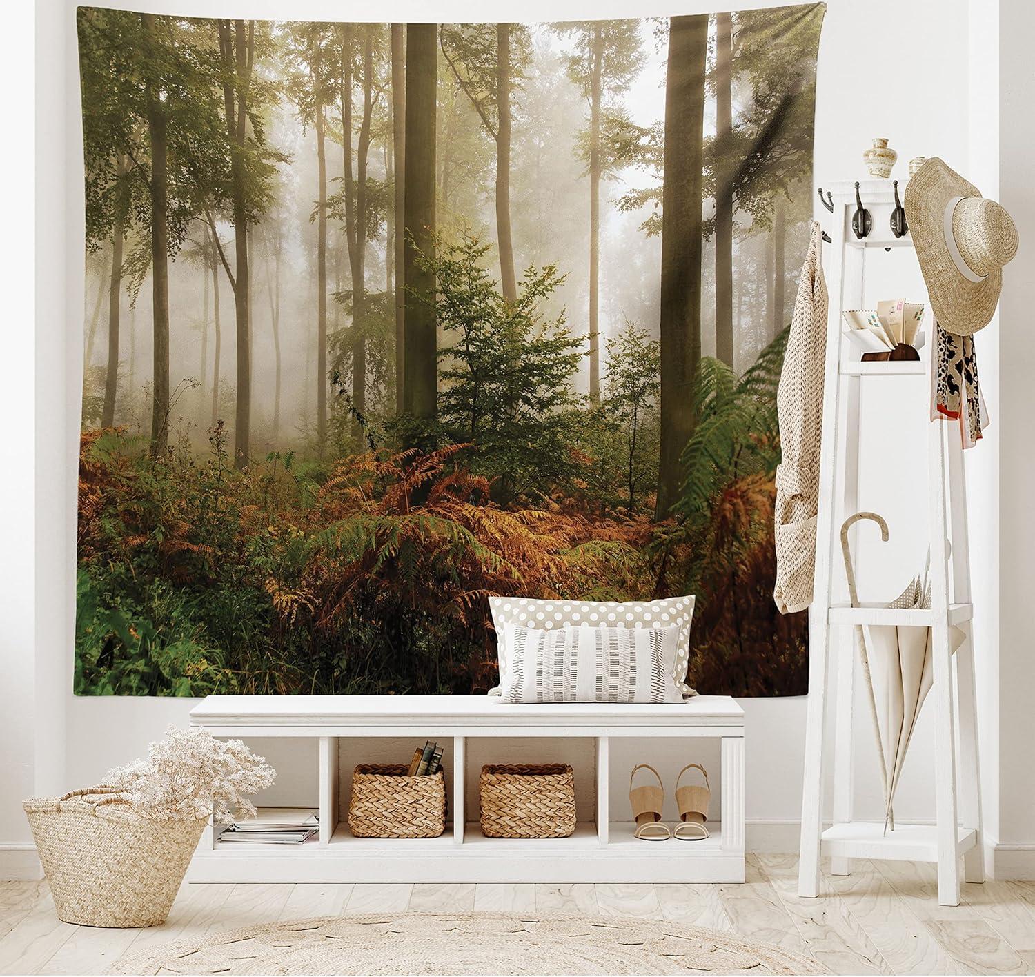 imageAmbesonne Forest Tapestry Mystic Dark Fog Atmosphere Deep in The Forest Woodland Nobody Silence Image Wide Wall Hanging for Bedroom Living Room Dorm 60 X 40 Brown Orange GreenBrown Orange Green
