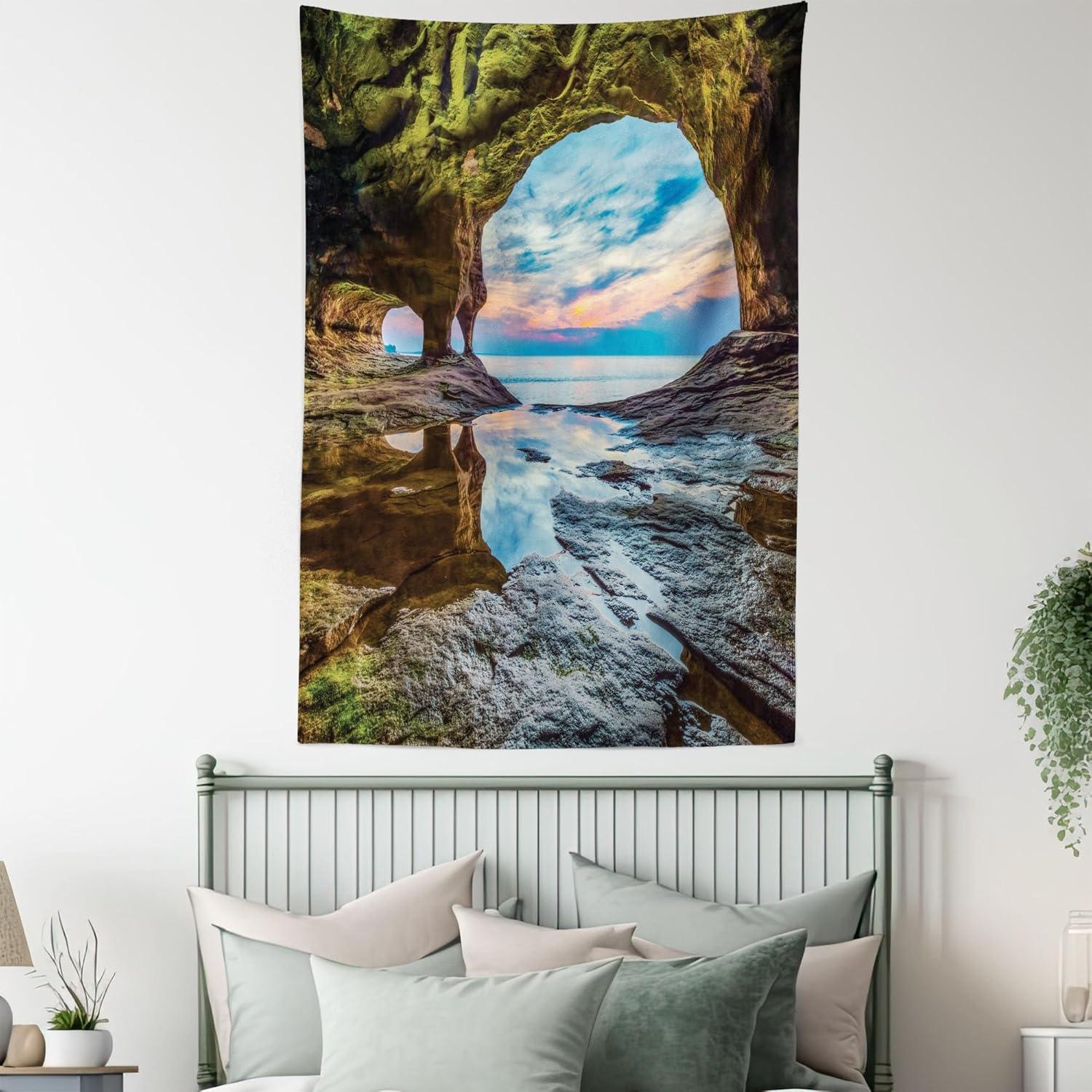 imageAmbesonne Forest Tapestry Mystic Dark Fog Atmosphere Deep in The Forest Woodland Nobody Silence Image Wide Wall Hanging for Bedroom Living Room Dorm 60 X 40 Brown Orange GreenCream Blue