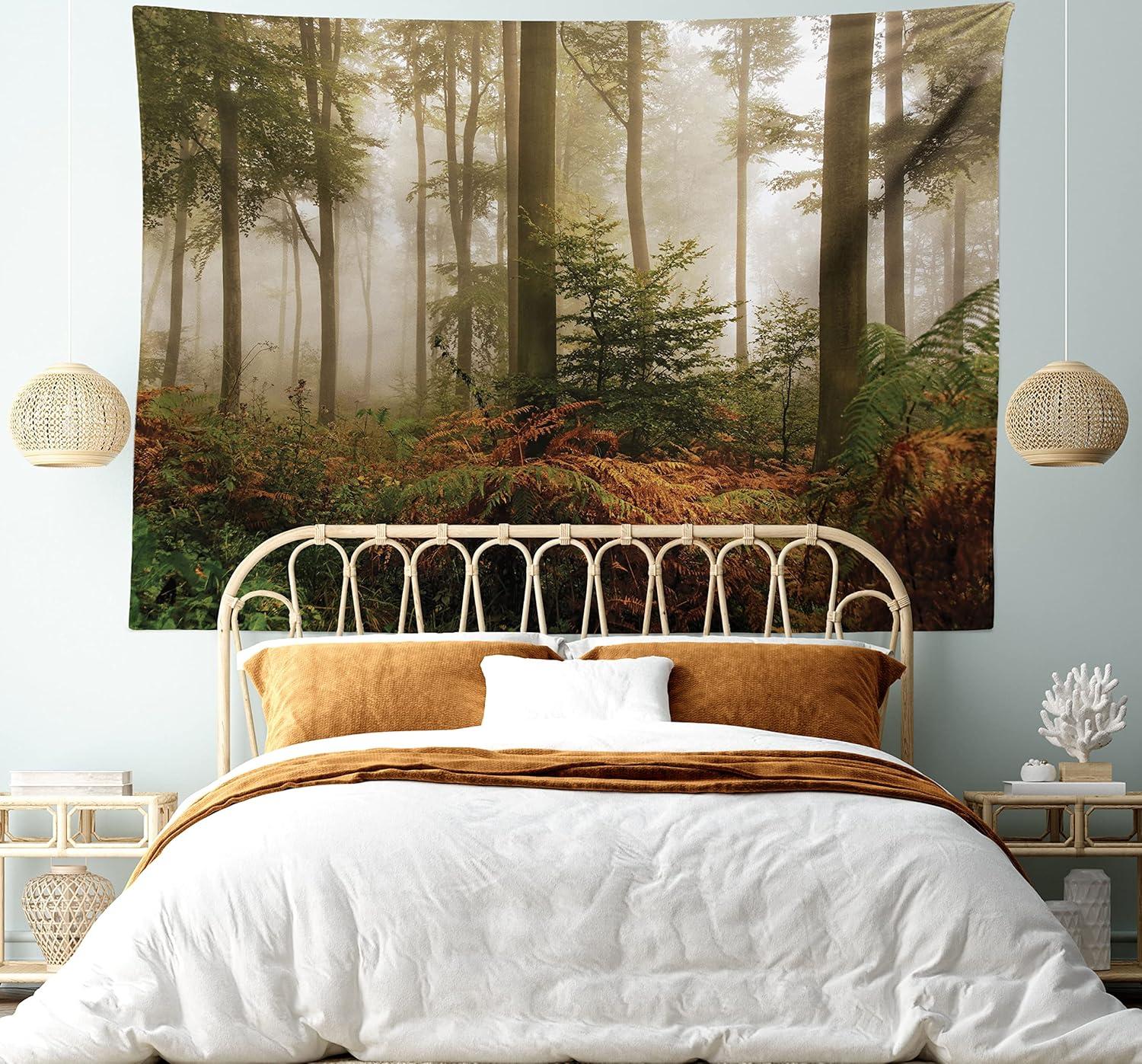 imageAmbesonne Forest Tapestry Mystic Dark Fog Atmosphere Deep in The Forest Woodland Nobody Silence Image Wide Wall Hanging for Bedroom Living Room Dorm 60 X 40 Brown Orange GreenBrown Orange Green