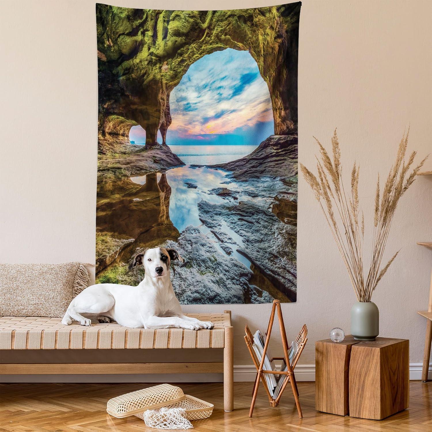 imageAmbesonne Forest Tapestry Mystic Dark Fog Atmosphere Deep in The Forest Woodland Nobody Silence Image Wide Wall Hanging for Bedroom Living Room Dorm 60 X 40 Brown Orange GreenCream Blue