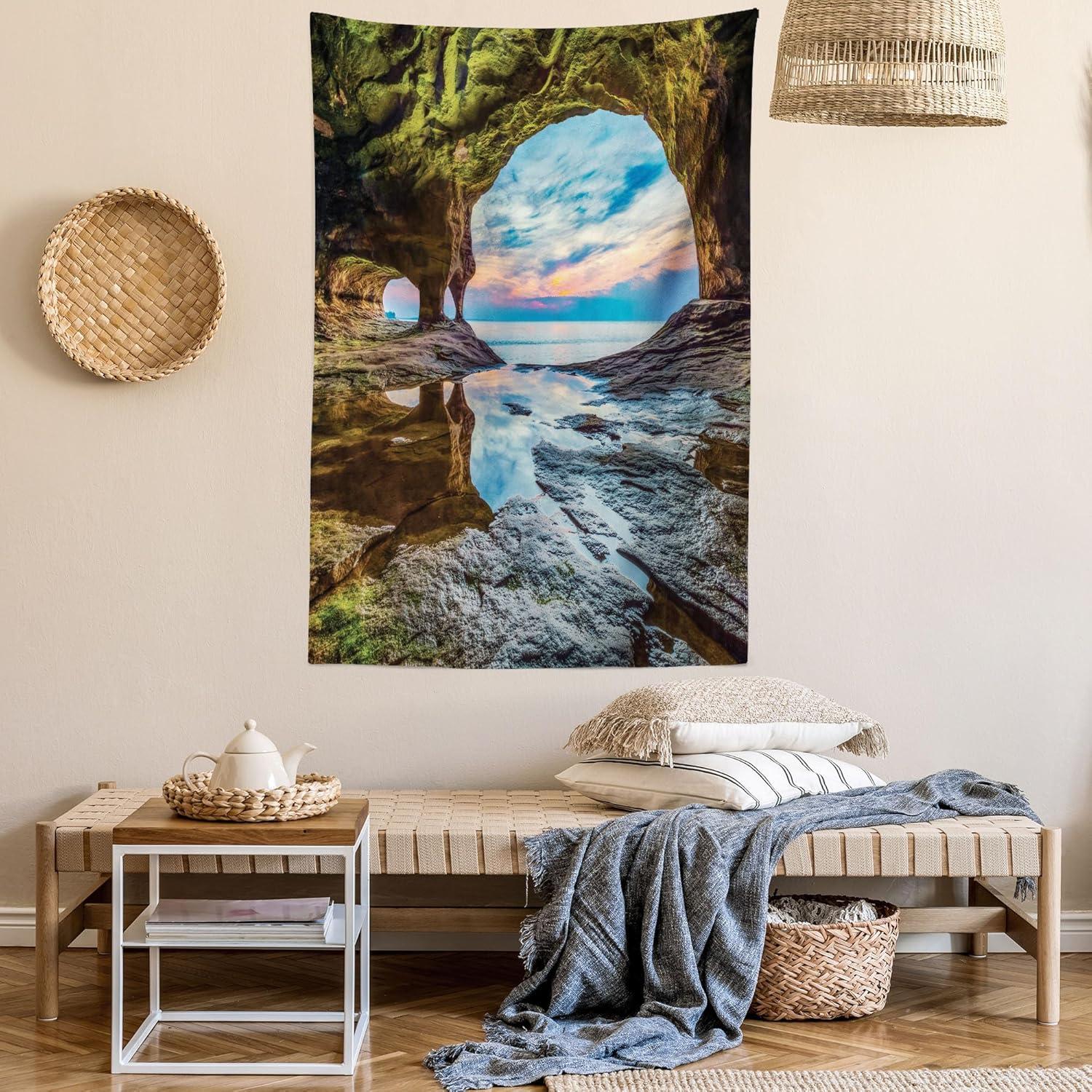 imageAmbesonne Forest Tapestry Mystic Dark Fog Atmosphere Deep in The Forest Woodland Nobody Silence Image Wide Wall Hanging for Bedroom Living Room Dorm 60 X 40 Brown Orange GreenCream Blue