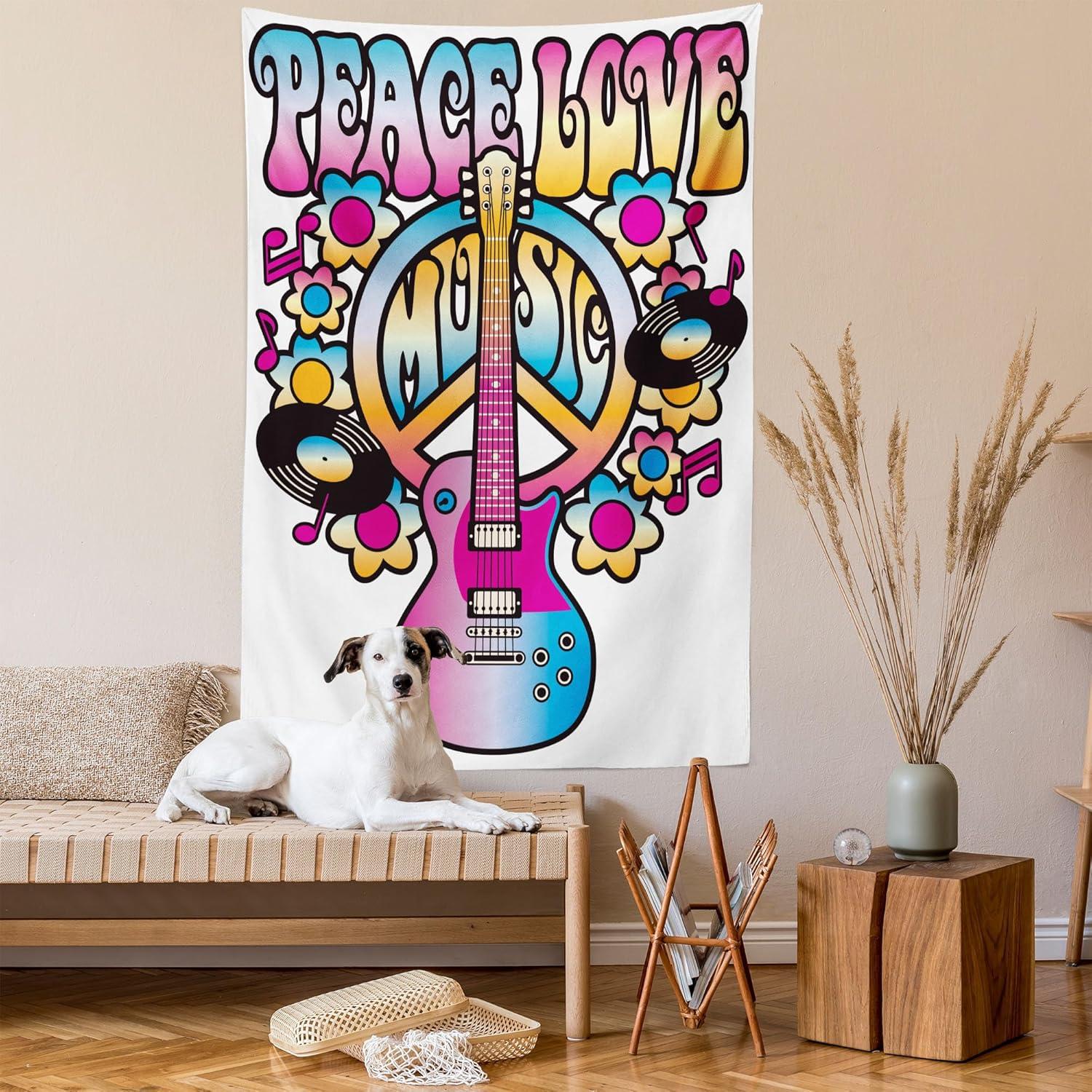 imageAmbesonne Groovy Tapestry Peace Love Music Text Guitar Records Flowers Musical Notes Illustration Wall Hanging for Bedroom Living Room Dorm Decor 60 X 80 Blue Pink Yellow