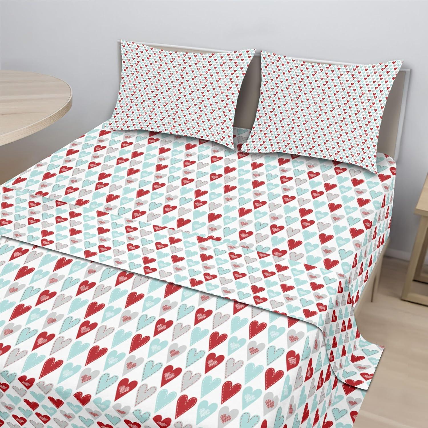 imageAmbesonne Heart Sheet Set Valentines Day Theme Repetitive Hearts Love Romance Art Style Pattern Fitted and Flat Sheet with Pillowcases Bedding Accent 4 Piece Set King Ruby Pale Blue White