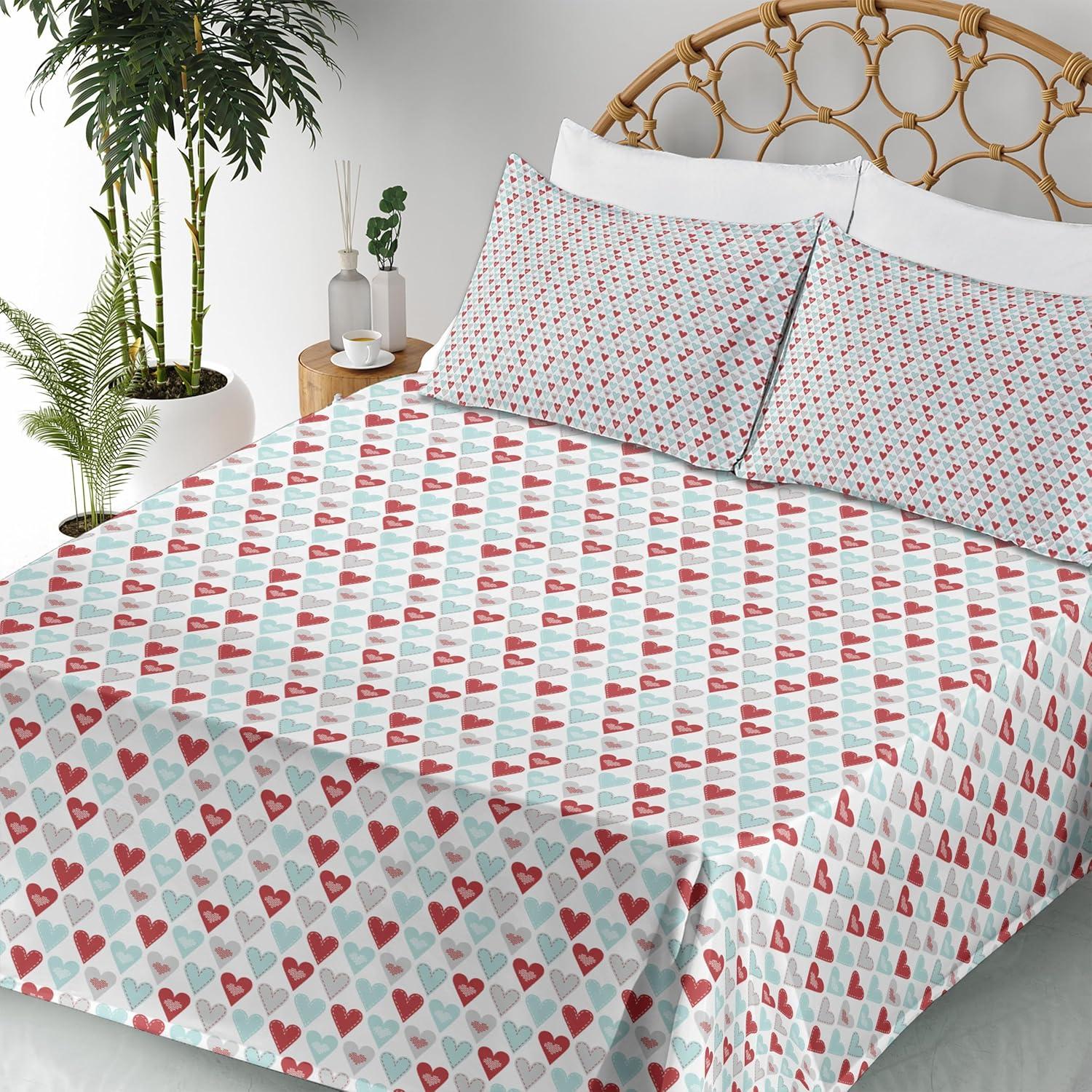 imageAmbesonne Heart Sheet Set Valentines Day Theme Repetitive Hearts Love Romance Art Style Pattern Fitted and Flat Sheet with Pillowcases Bedding Accent 4 Piece Set King Ruby Pale Blue White